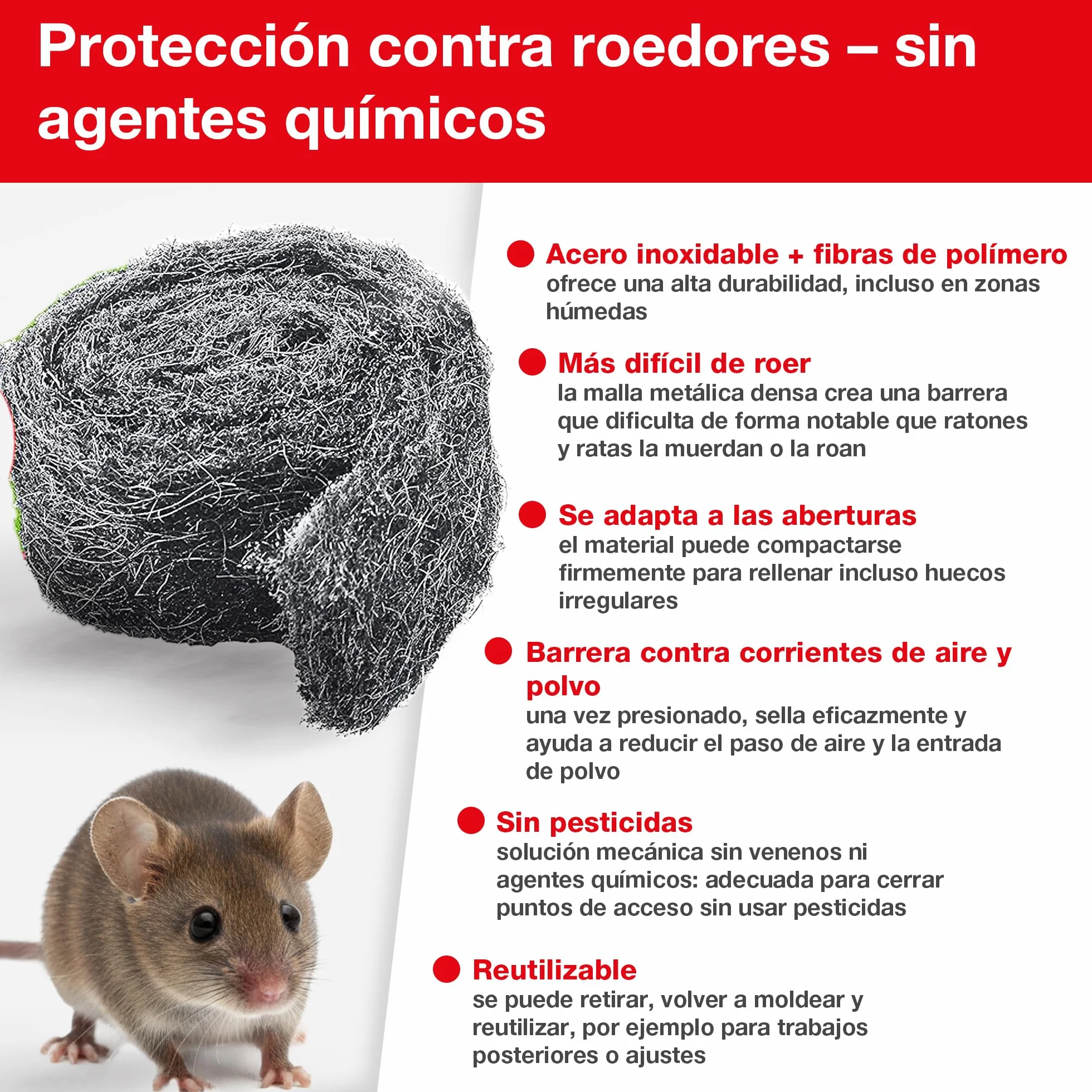 SWISSINNO Lana de Acero Anti roedores -antiratas y Ratones- – Malla roedores INOX Reutilizable para sellar Agujeros – Repelente de Ratas y plagas, contra Insectos – 1 Unidades