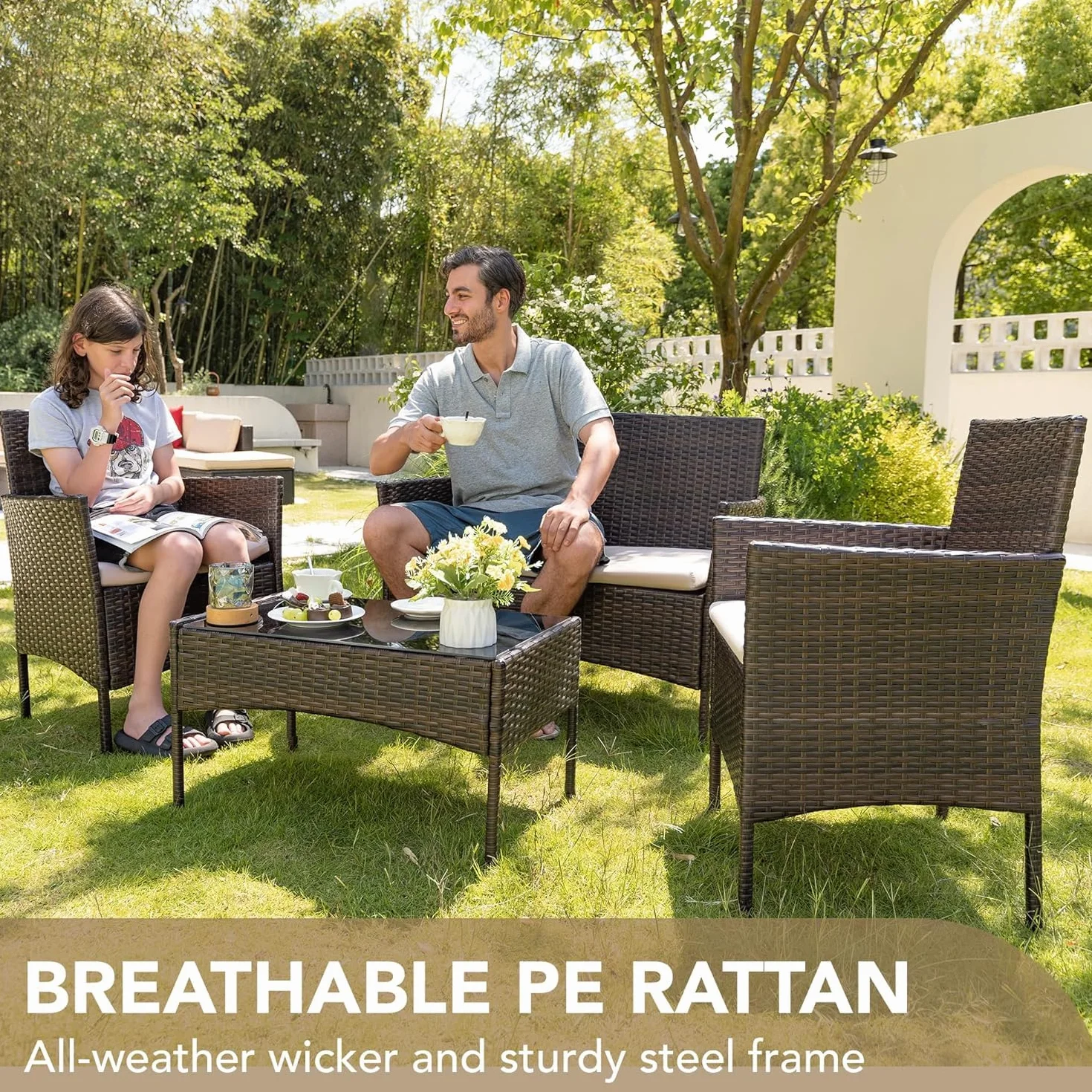 Conjunto Jardin Exterior Muebles Terraza Exterio de Ratán Marrón 4 Piezas Set,2 Sillones,1 Sofá de Doble Asiento y 1 Mesa para 4 Personas para Patio Terraza Exterior