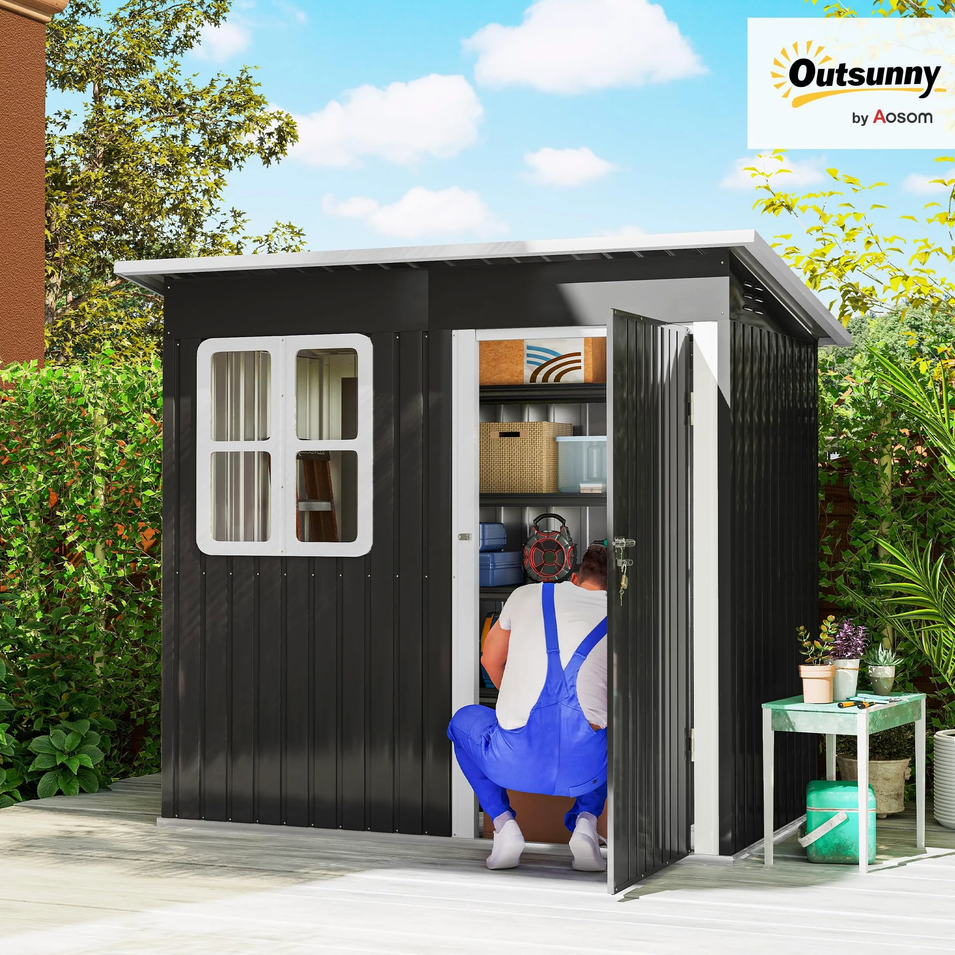 Outsunny Caseta de Jardín Exterior 2,55 m² 221x133x190 cm Gris Oscuro | Cobertizo de Jardín Metálico, Ventana, Puerta con Cerradura y Ventilaciones, para Almacenamiento de Herramientas