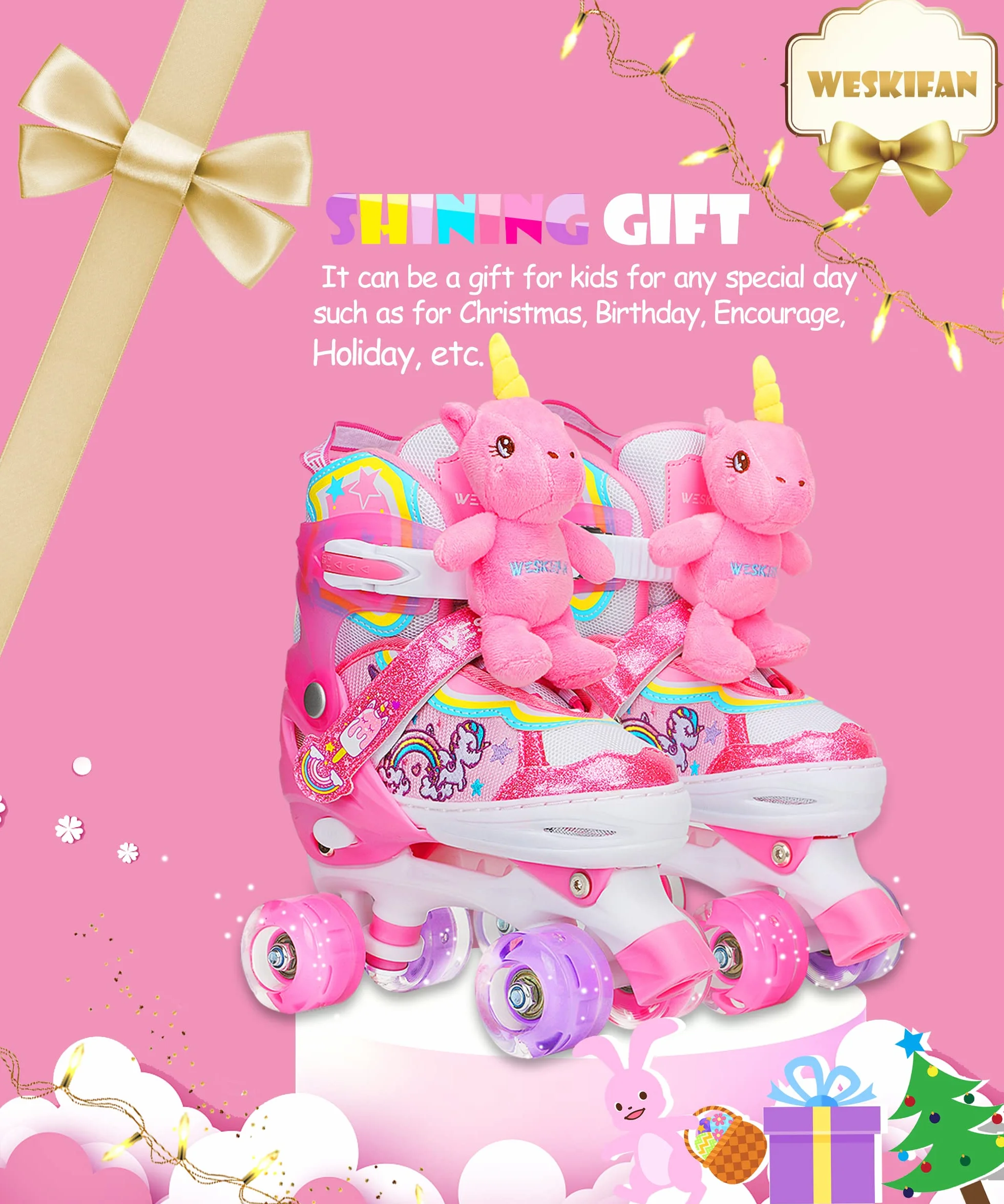 Patines Unicornio Ajustables 4 Tamaños con Ruedas Iluminadas para Niñas Principiantes