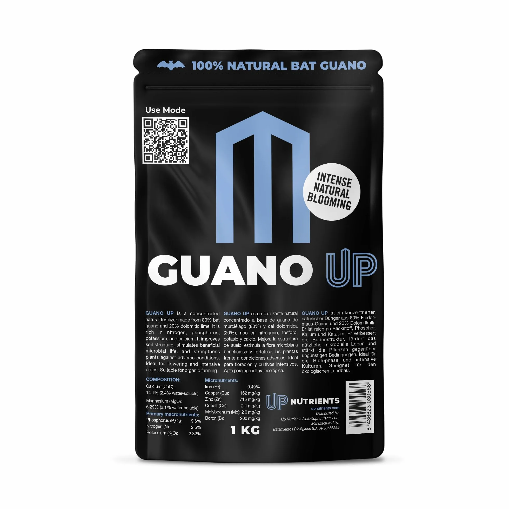UP NUTRIENTS Fertilizante GUANO UP de Murcielago 100% Natural 1 Kg | Abono Natural con Cal Dolomita | Plantas y Cultivos | Agricultura Ecologica Floracion Intensa, Mejora Sustrato y Crecimiento