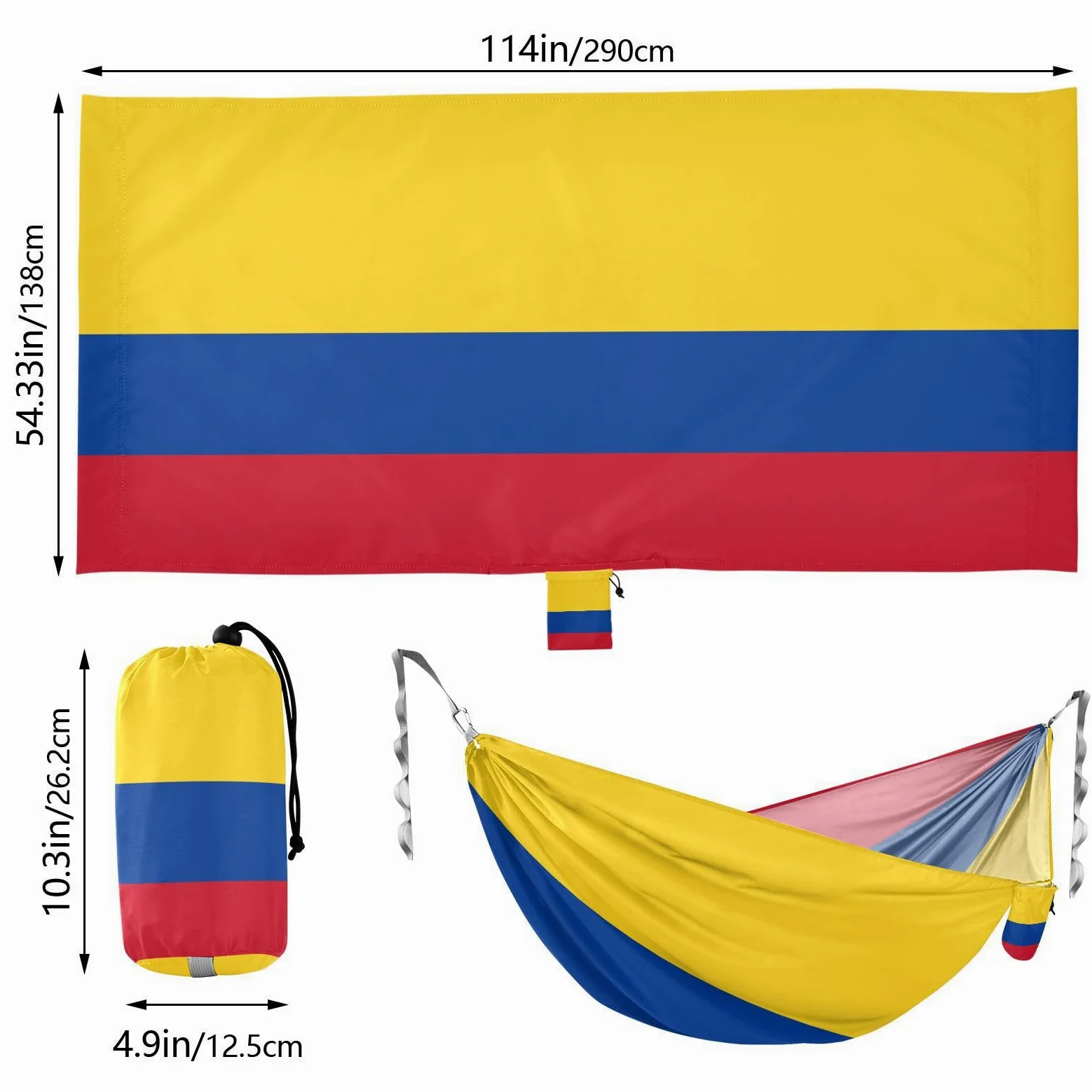 Hamaca de bandera nacional colombiana de Colombia, azul, rojo, amarillo, hamaca para exteriores con correas de árbol, hamaca de cuerda para patio interior y exterior