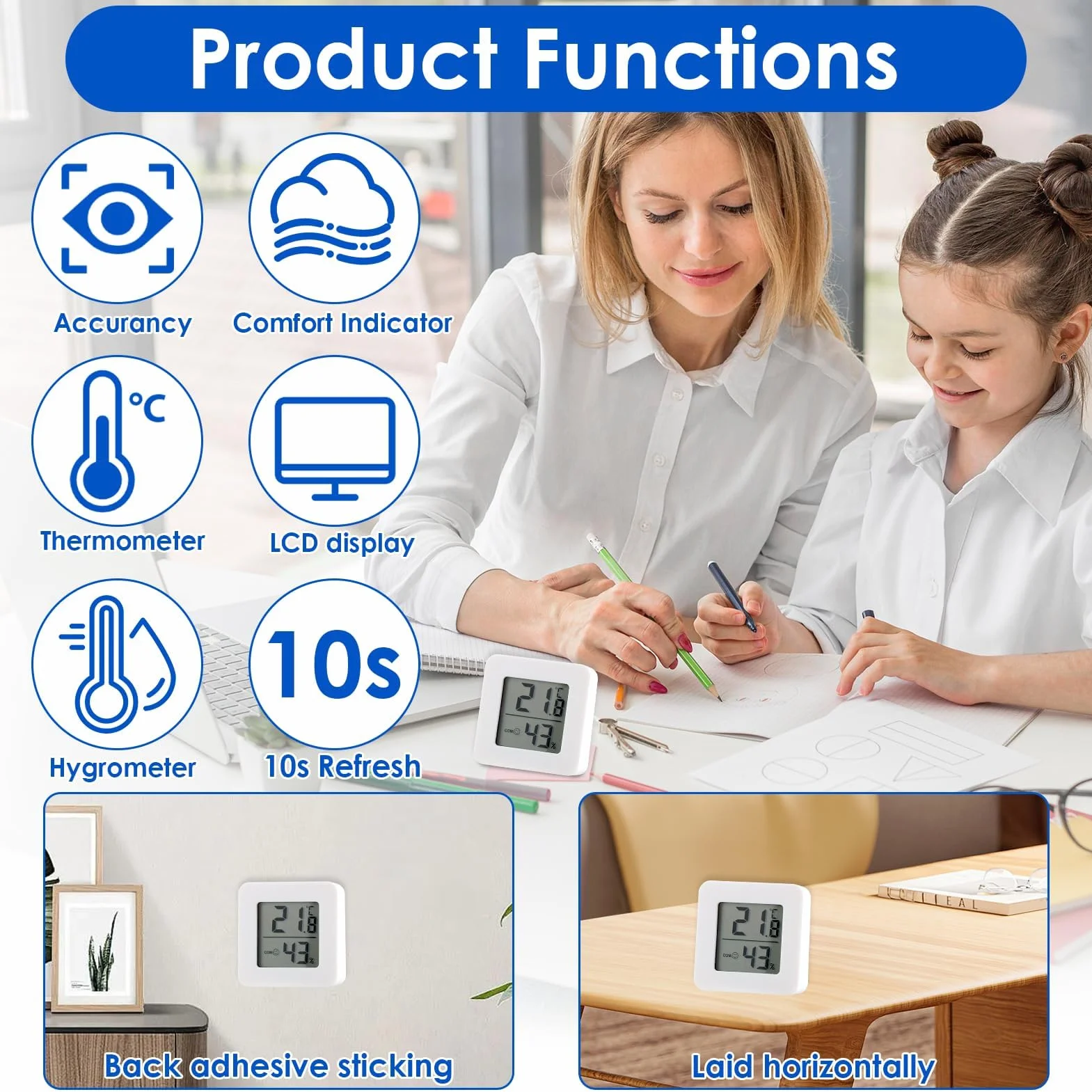 Lote de 6 termómetro interior digital con higrómetro digital, mini medidor de temperatura y humedad para casa, LCD grande, indicador de confort, termómetro digital casa preciso para oficina y hogar