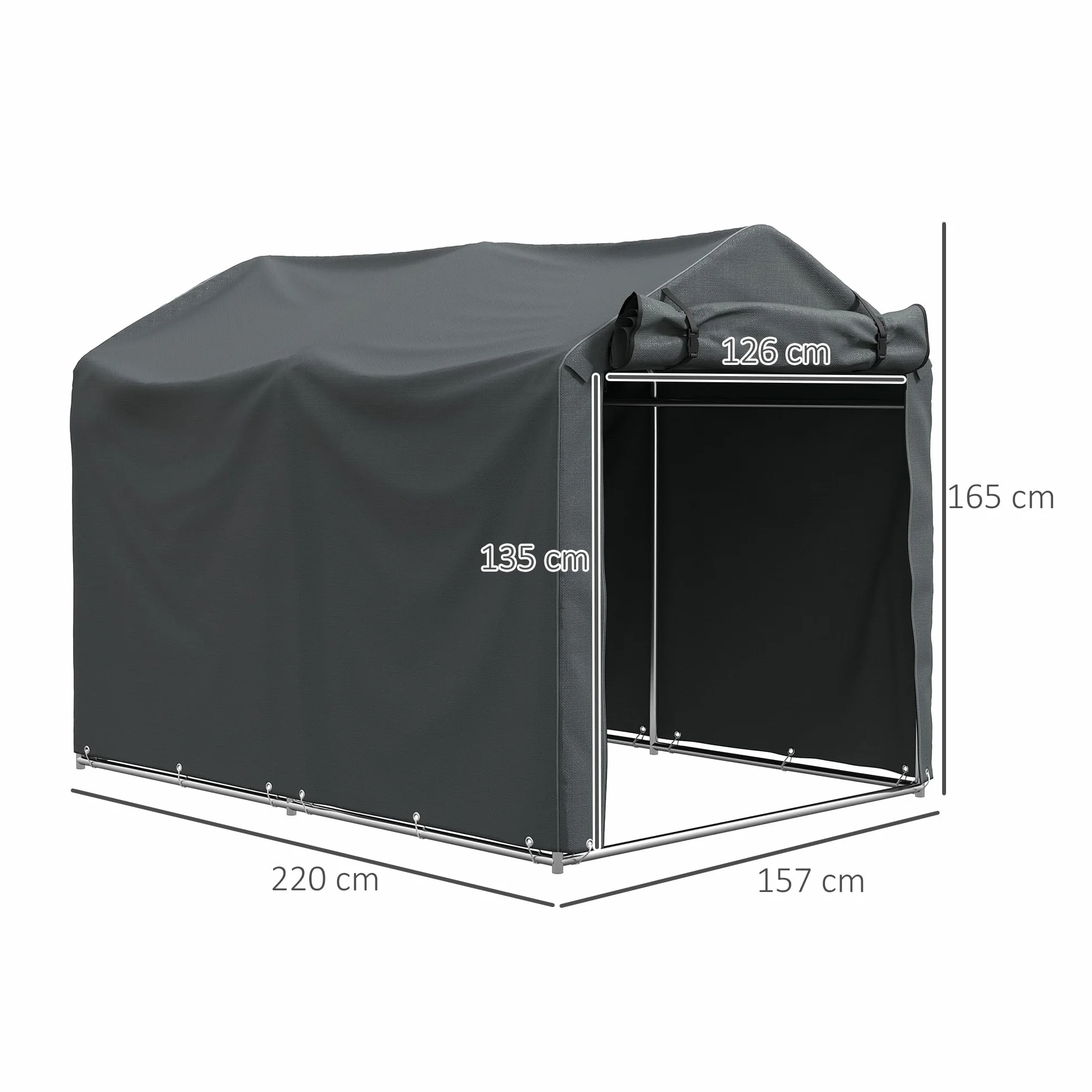 Outsunny Carpa de Jardín Exterior para Herramientas Bicicletas 2,2x1,57x1,65 m, Cobertizo Exterior con Puerta Desmontable con Cremallera, Impermeable, Anti-UV, Garaje Portátil, Gris Oscuro
