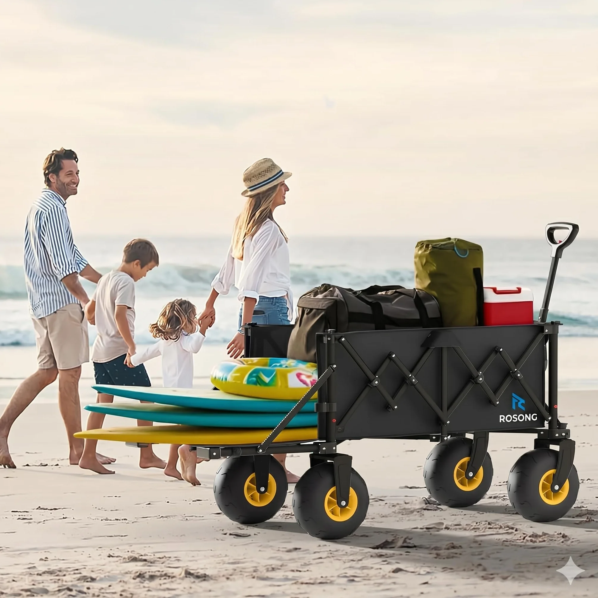 ROSONG Carro Playa Plegable con Ruedas Grandes Todoterreno Carrito Transporte Plegable Puerta Trasera Abatible Carro para Playa Camping Jardín,Negro