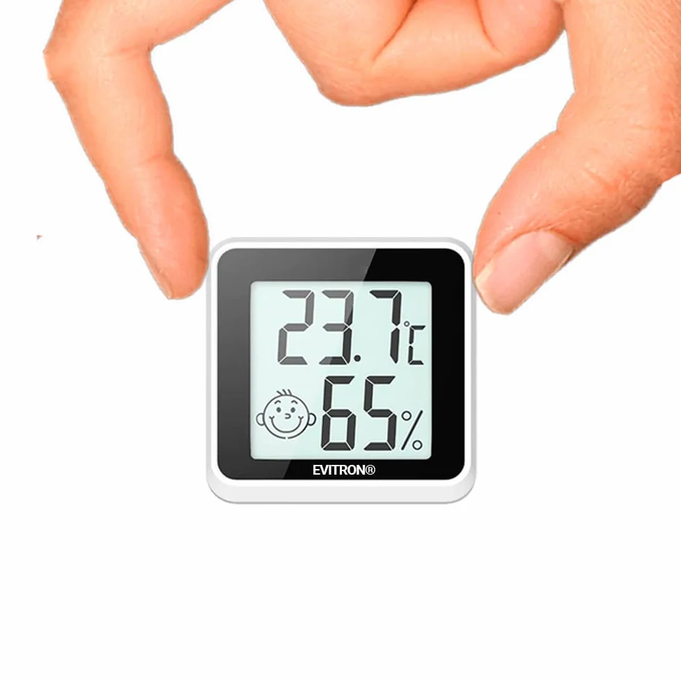 1 x Mini termómetro higrómetro digital para interior – Medidor de temperatura y humedad – Indicador de confort y emoticonos – Se puede colocar o pegar – para salón, oficina, habitación de bebé y más