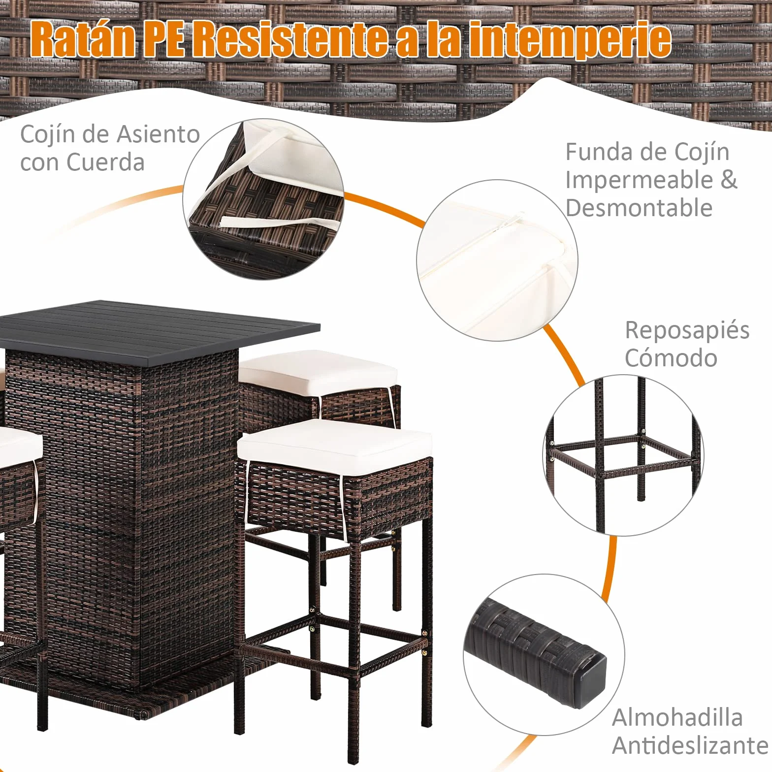 COSTWAY Juego de Bar de Mimbre para Exteriores de 5 Piezas, Mesas Altas y 4 Taburetes con Cojines, Mesa con Tapa Lisa y Estante de Almacenamiento Oculto