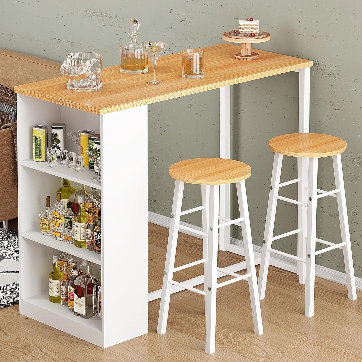 soges Juego de bar con mesa de bar y 2 taburetes altos, 91 x 49,5 x 91 cm, mesa de comedor, mesa de restaurante, mesa de pub con estante de almacenamiento de 3 niveles.