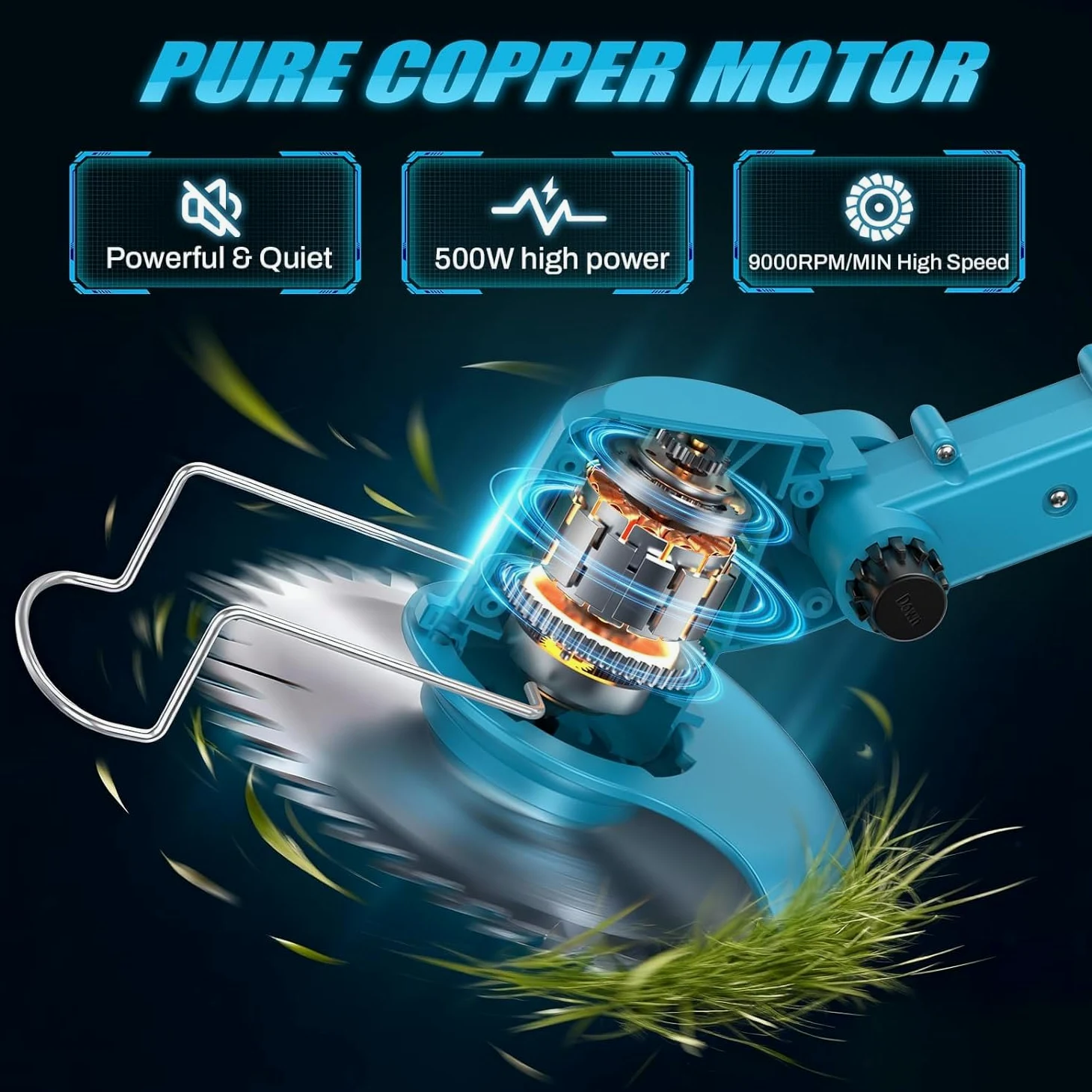 Desbrozadora a Bateria, Desbrozadora Electrica 500W 2 Baterías 2000 mAh 21V, 4 Tipos de Cuchillas, Mango Tubo Ajustables, Cabezal Giratorio de 90° para Recortar Fácilmente Rápido Césped Arbustos
