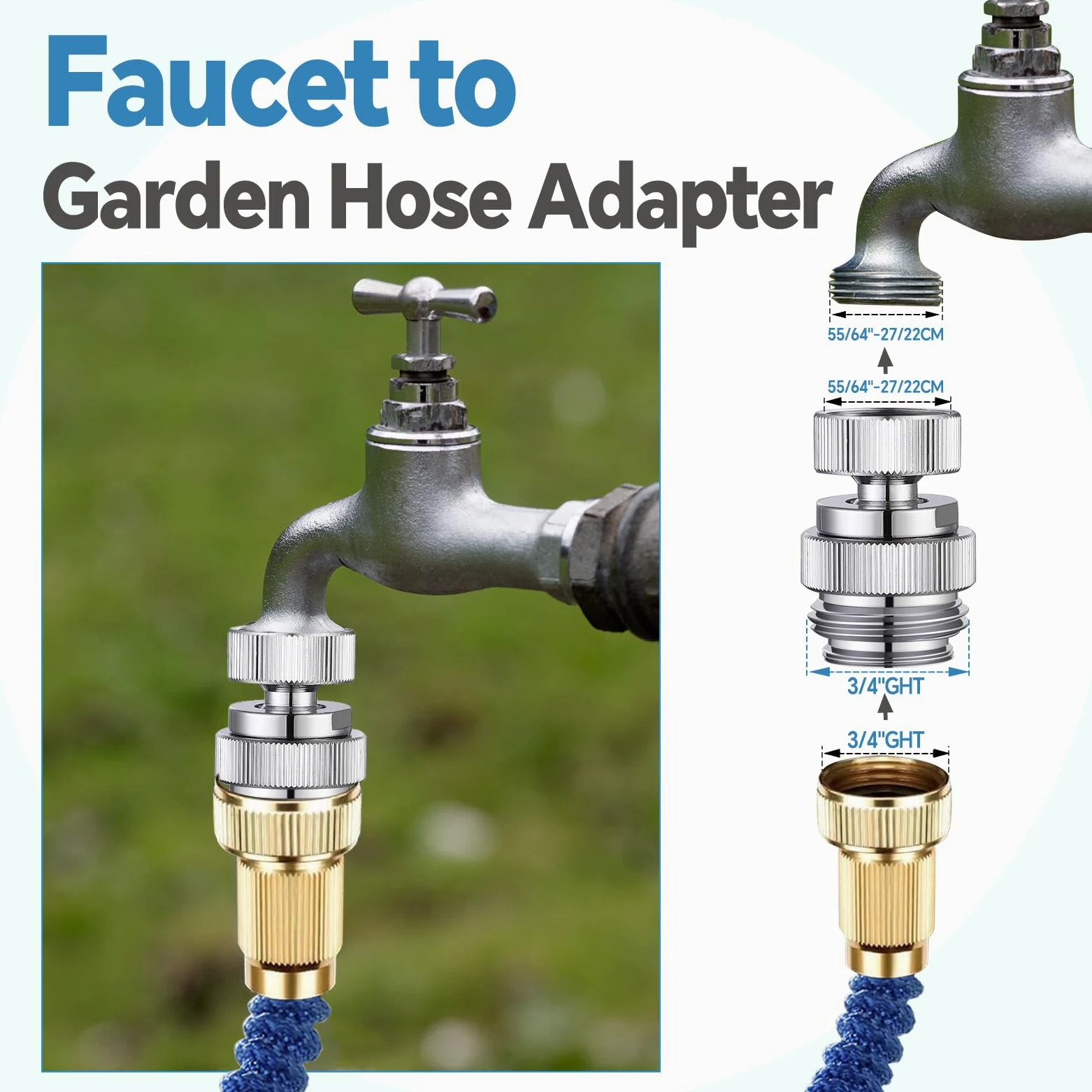 Kit adaptador de grifo de fregadero, adaptador de aireador giratorio para conectar manguera de jardín, adaptador de manguera de jardín multirosca para macho a macho y hembra a macho, cromo pulido