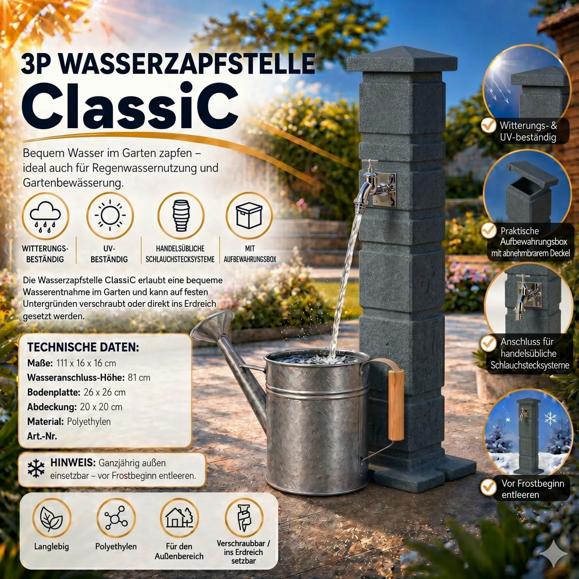 YourCasa Columna de agua clásica para jardín con aspecto de granito, columna romana con grifo de 3/4 y caja de almacenamiento, 111 cm, resistente a la intemperie (antracita)