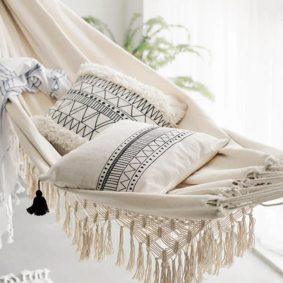 Hamaca de algodón tejida a mano para balcón, silla colgante de cuerda, columpio de porche con flecos de ganchillo para patio trasero, patio, jardín, exterior e interior, estilo bohemio, blanco natural