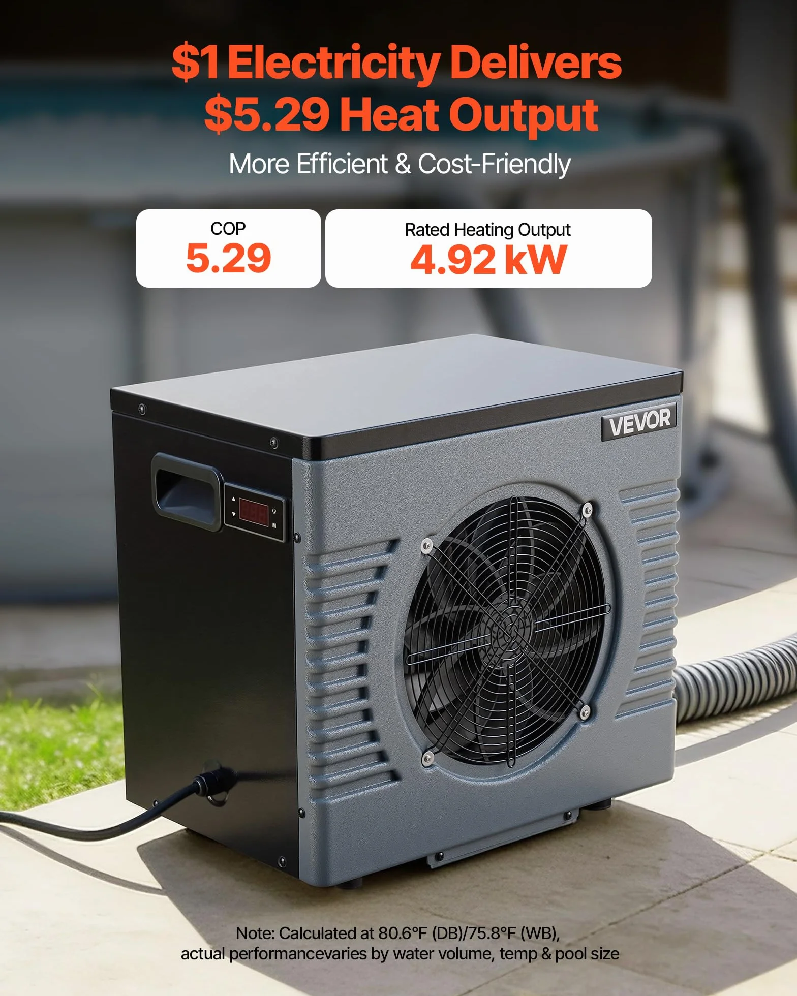 VEVOR Bomba de Calor para Piscina Elevada 4,92 kW 2,3 GPM 0,3-0,5 MPa, Calentador Eléctrico de Piscina de 10 a 18 m³, Bajo Nivel de Ruido, Temperatura de Calentamiento de 15 a 40 °C, para Natación