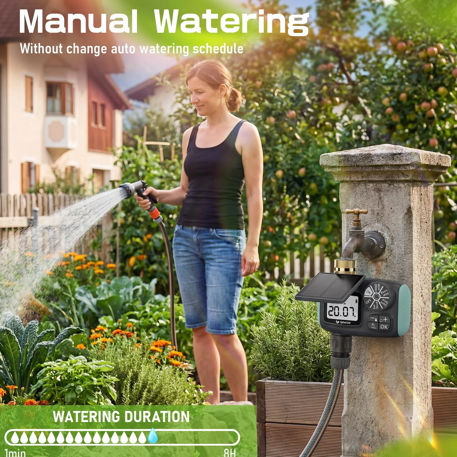 Programador Riego Solar, 3/4” Entrada de Latón Ecológico Temporizador Automático para Jardín Temporizador de Riego con Retraso por Lluvia/Riego Manual Control de Riego para Césped y Macetas