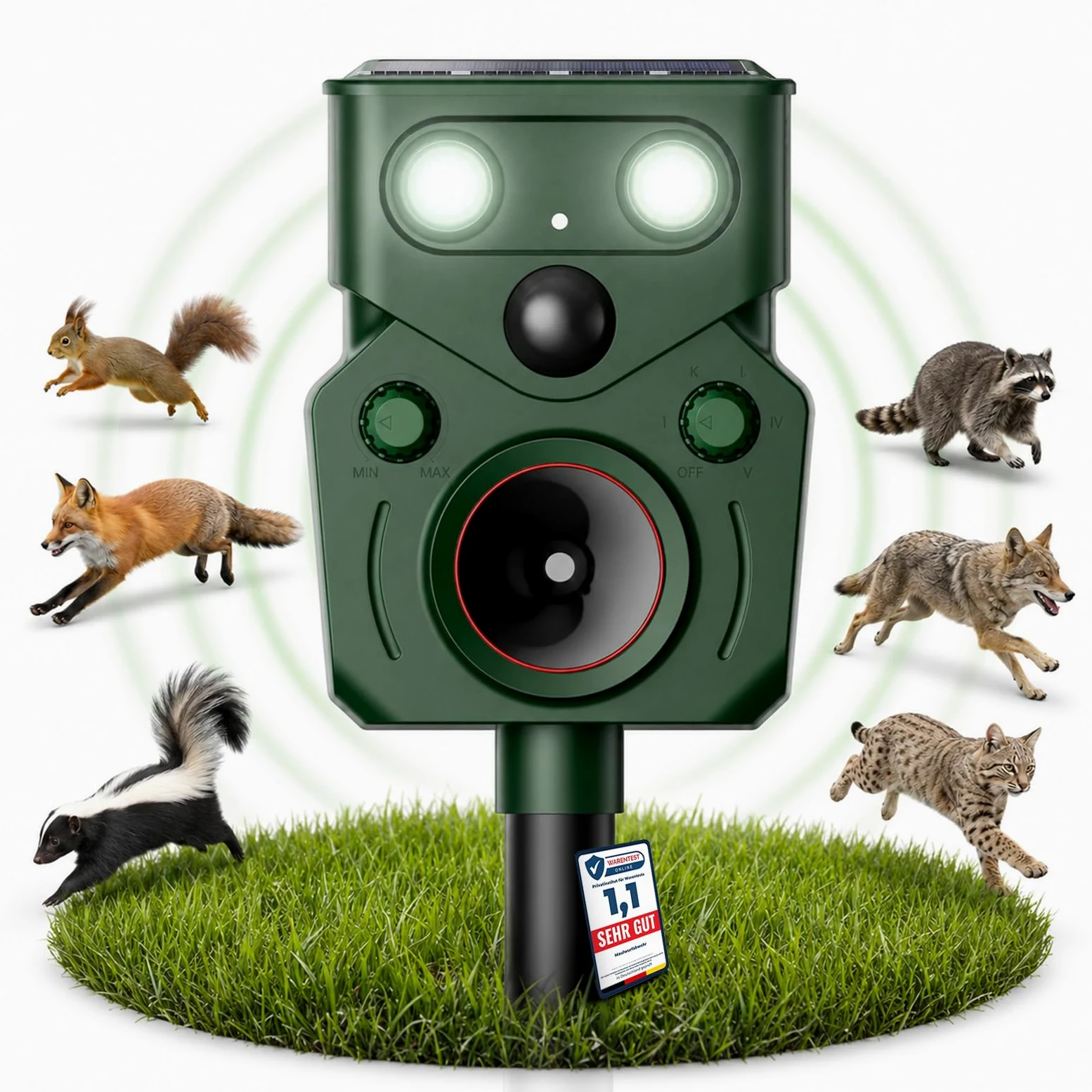 MEKEET Ahuyentador de gatos ultrasónico para jardín, ahuyentador de animales por ultrasonidos con detector de movimiento, ahuyentar a los gatos y al jardín contra gatos, zorros, pájaros, ciervos