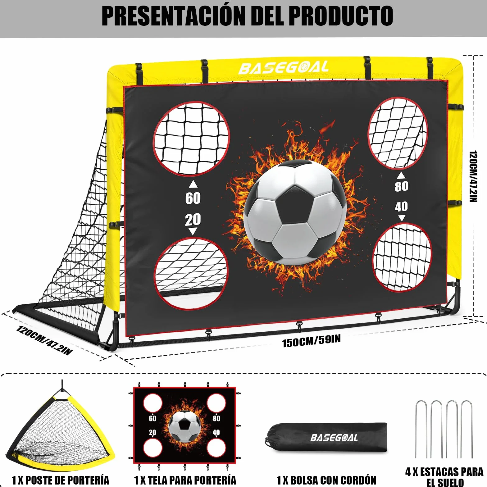 BaseGoal Red de Portería de Fútbol Plegable 150x120cm con Bolsa de Transporte