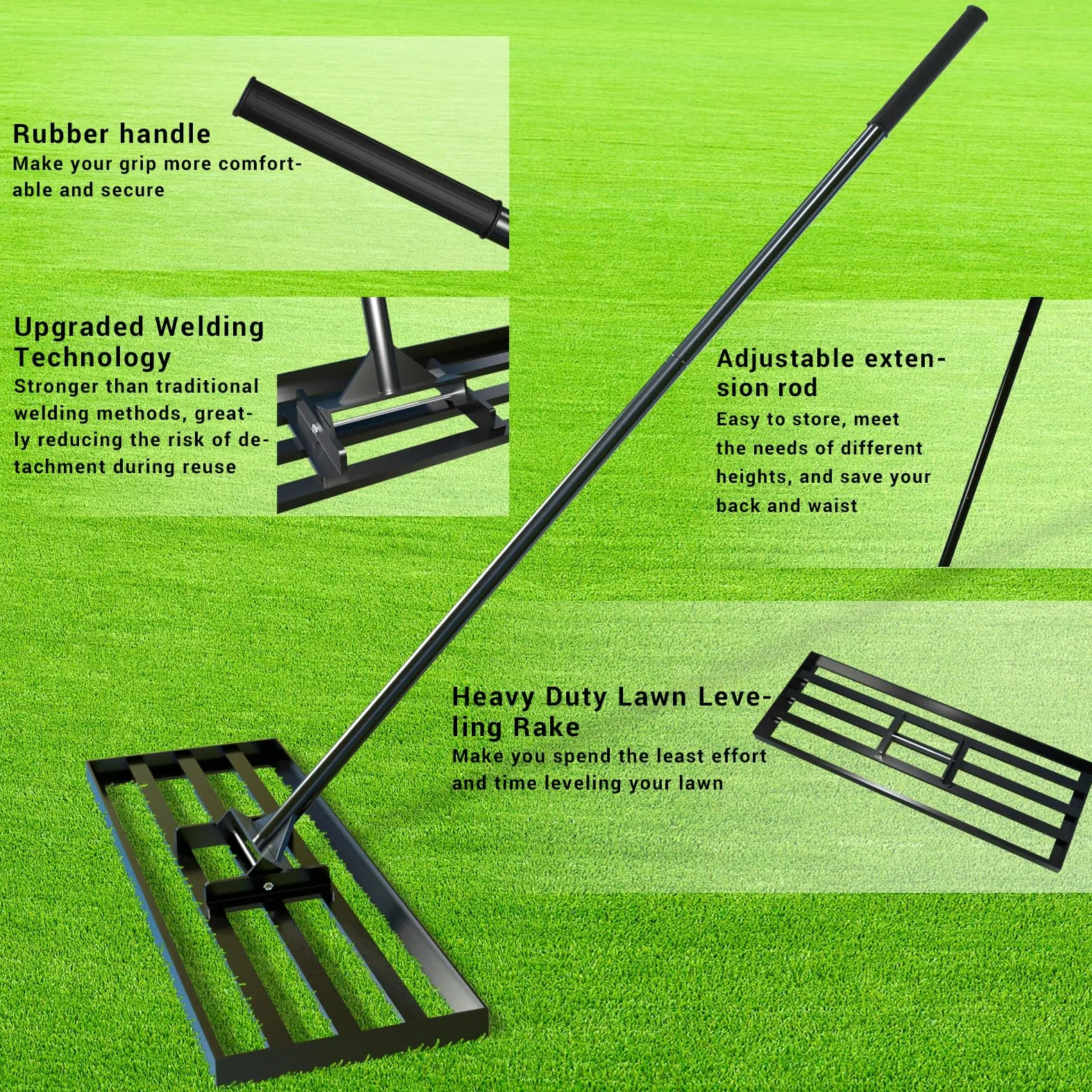 Rastrillo de nivelación de césped de 75 x 25 cm, con sistema de clic de 200 cm, mango ajustable de 200 cm, para césped, arena de césped, nivelación de arena, aireador, rastrillo nivelador de lawn