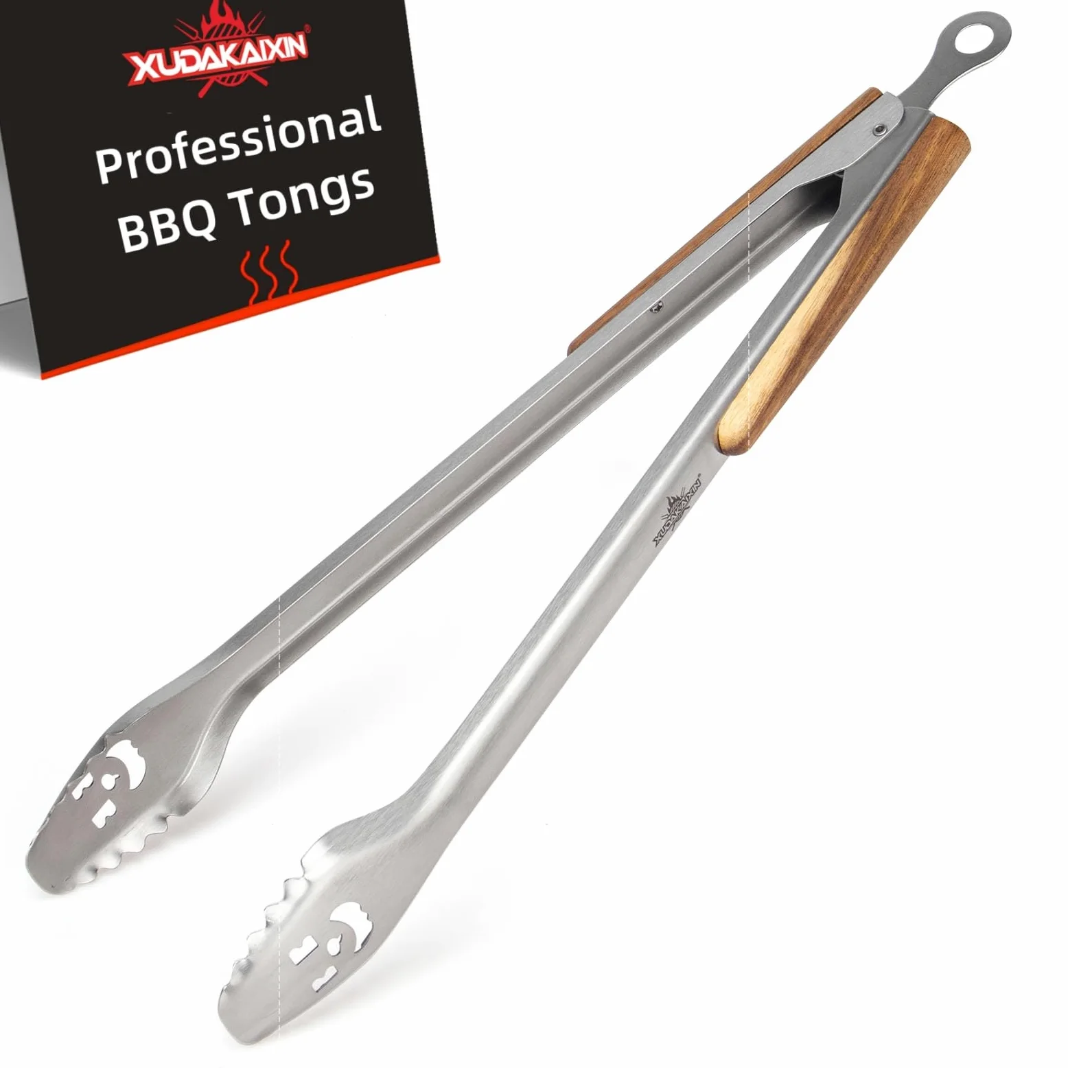 XUDAKAIXIN Pinzas de barbacoa de acero inoxidable extralargas de 53.3 cm con mango ergonómico de madera de acacia, herramienta de parrilla duradera y fácil de limpiar para cocinar, uso en la cocina y