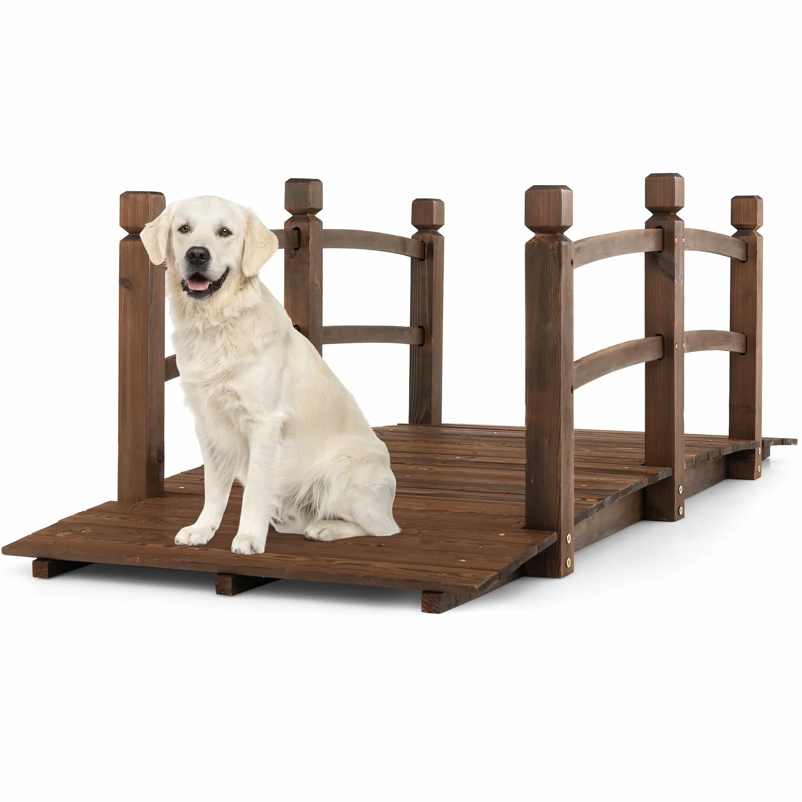 COSTWAY Puente de Jardín Madera, 171 x 76,5 x 58cm, Puente de Pie Decorativo Carbonizado con Barandillas de Seguridad, Carga 180 kg, Madera de Abeto, Jardín, Patio, Granja