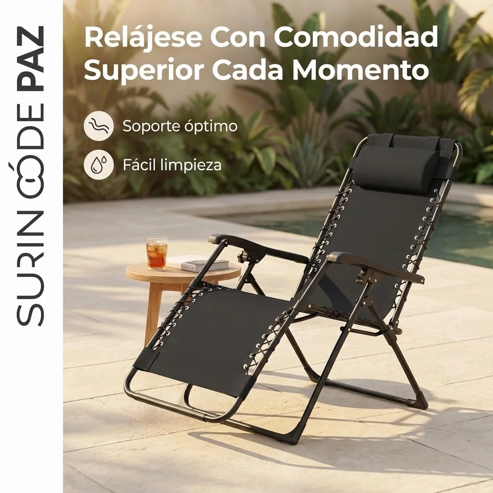 Tumbona Plegable para Exterior | Reposapiés y Cojín Ajustable | Silla Reclinable Bandeja Lateral para Bebidas, Móvil y Libros | para Terraza, Camping, Playa, Piscina (Negro)