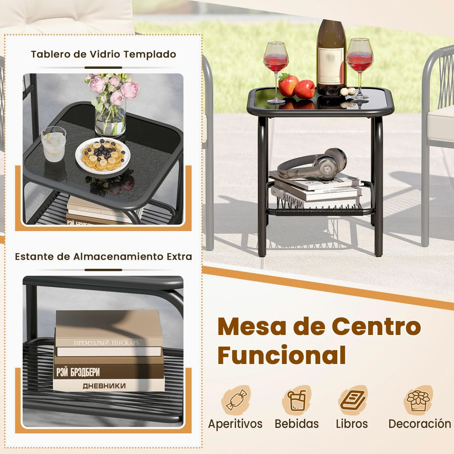COSTWAY Conjunto Jardin Exterior de Ratan PE 3 Piezas, Mesa de Vidrio Templado, 2 Sillas con Cojines, Mesa y Sillas Muebles Jardin Terraza Balcon Exterior