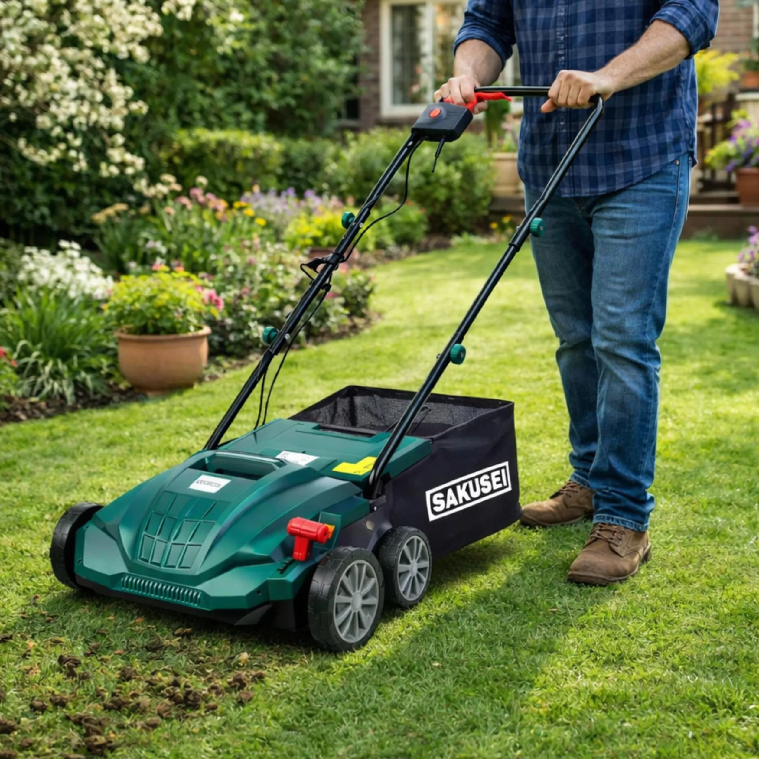 Escarificador/rastrillo/aireador eléctrico 1500 W, eliminación de hojas muertas y musgo, aireador de tierra, bolsa de 30 litros, cable 10 m