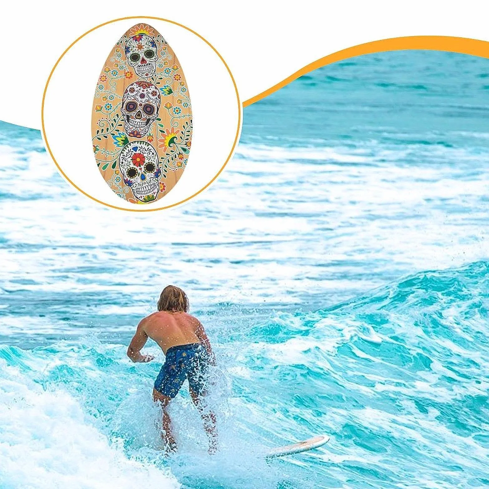 Skeleton Impreso Skimboard Madera 30 Pulgadas Plano Surf Ligero para Niños Adultos