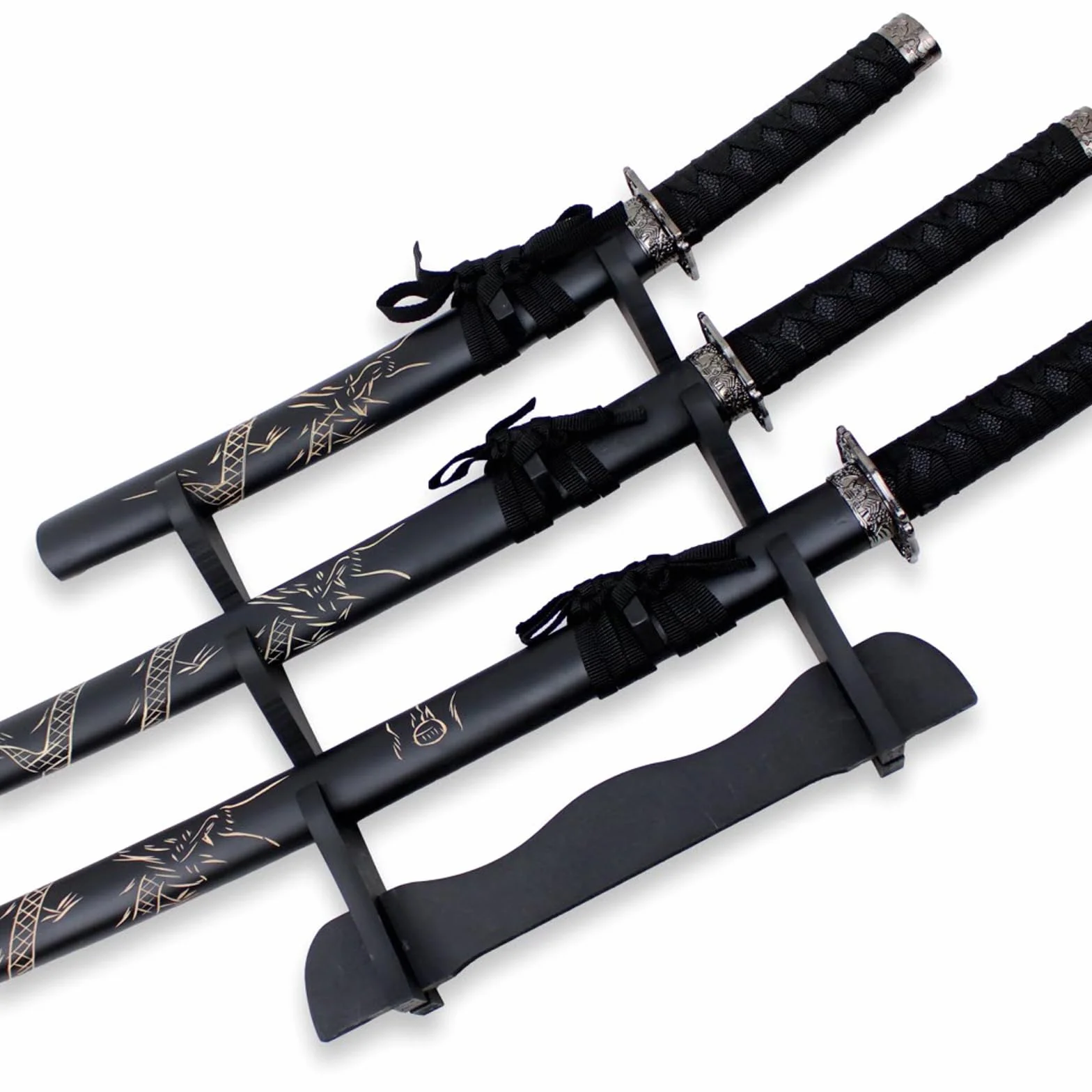 Set de katanas samurái Dragón Negro, juego de 3 espadas acero 1095 52/75/100 cm, entrenamiento y colección