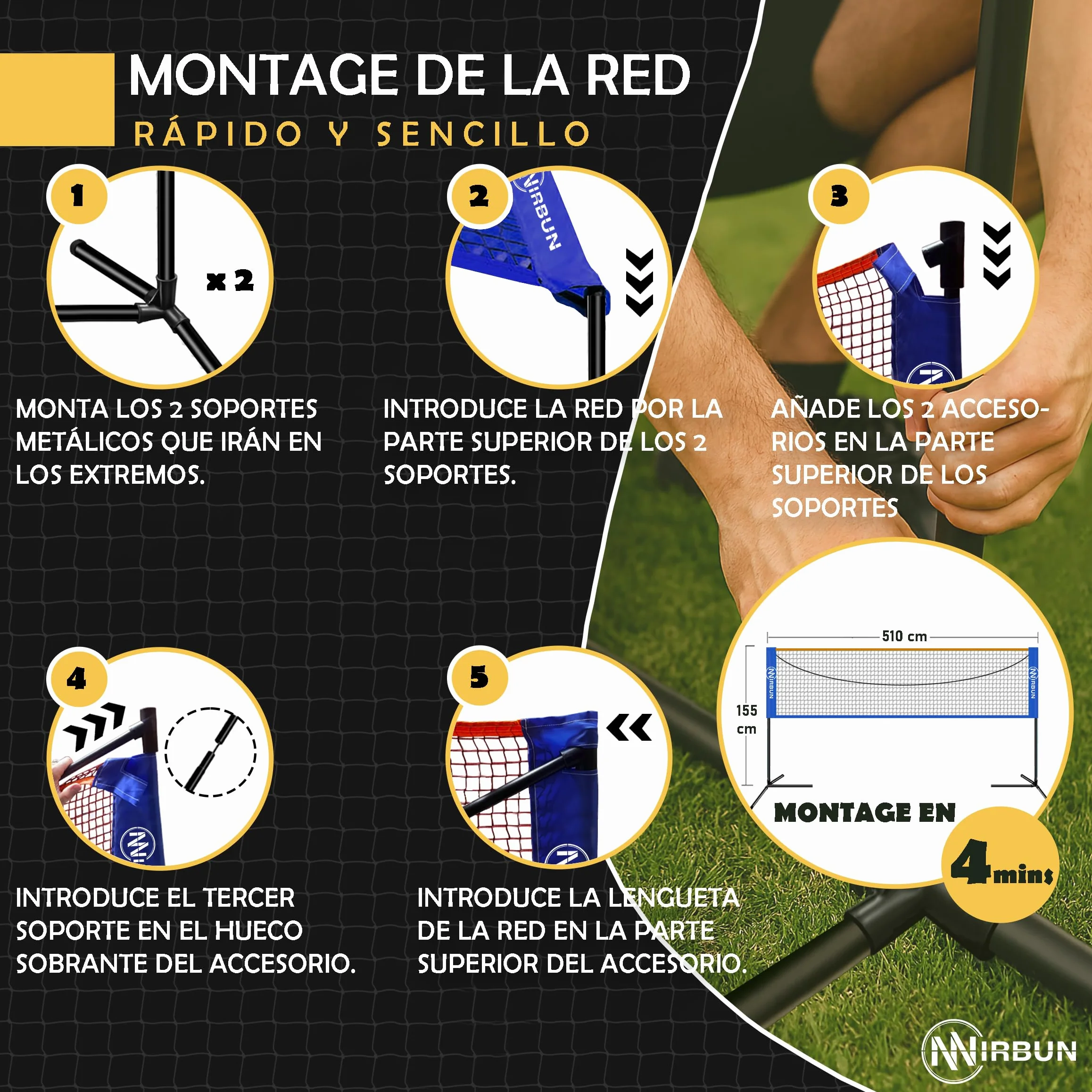 Set de Bádminton 4 Jugadores con Red 5,1 m Raquetas Profesionales Estructura Metálica Juego Familiar