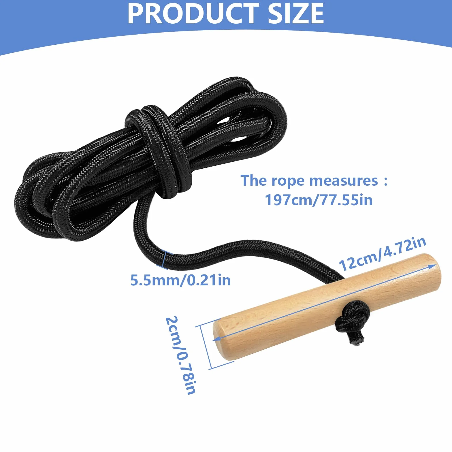 Cuerda de Trineo 1.97m con Mango de Madera, Accesorios de Tracción 5.5mm Negro
