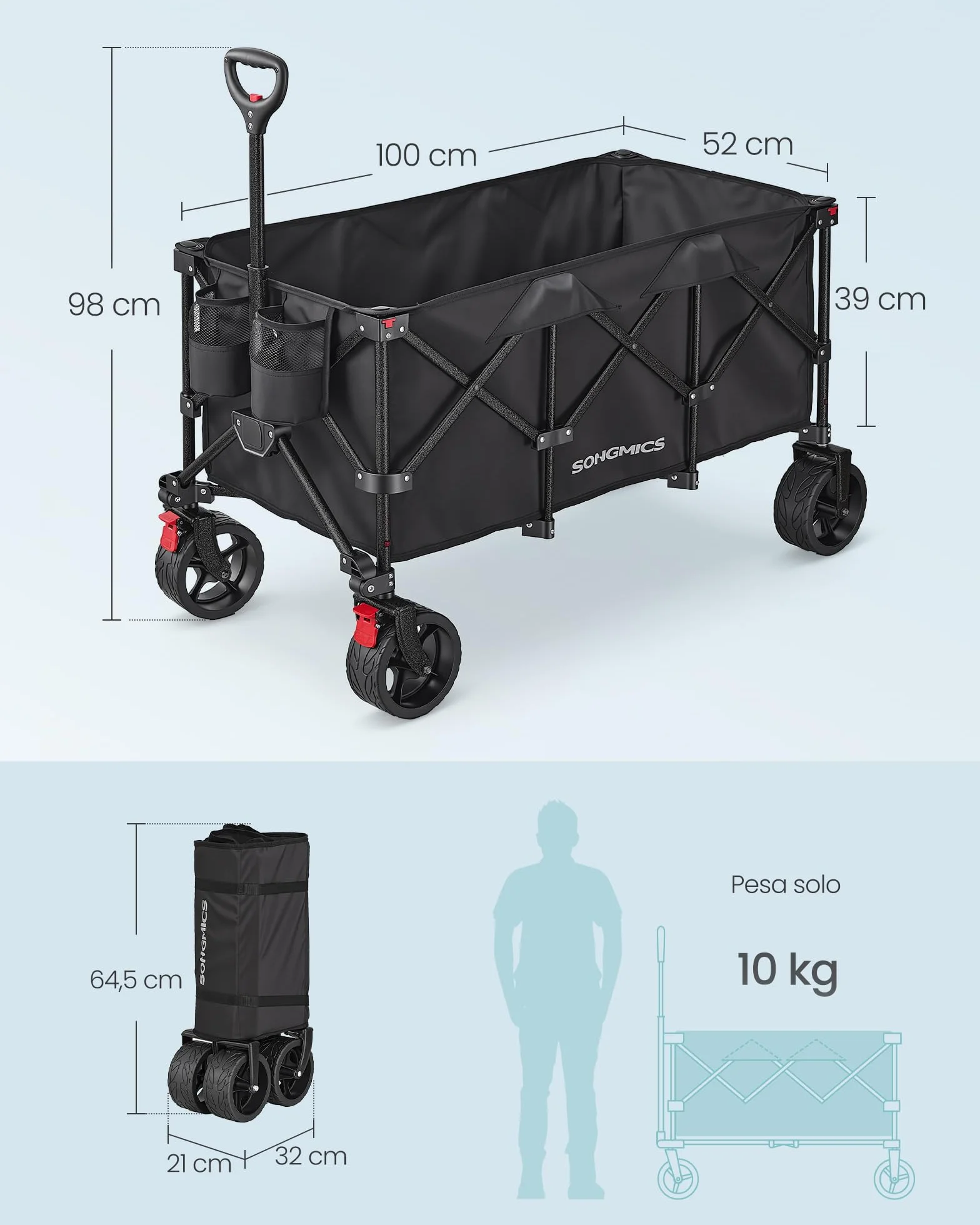 SONGMICS Carro de Mano Plegable con Asa, 4 Ruedas Desmontables, Carro de Jardín para Exterior, Playa, Camping, Carga de 150 kg, 200 L, Negro Tinta GFW200B01