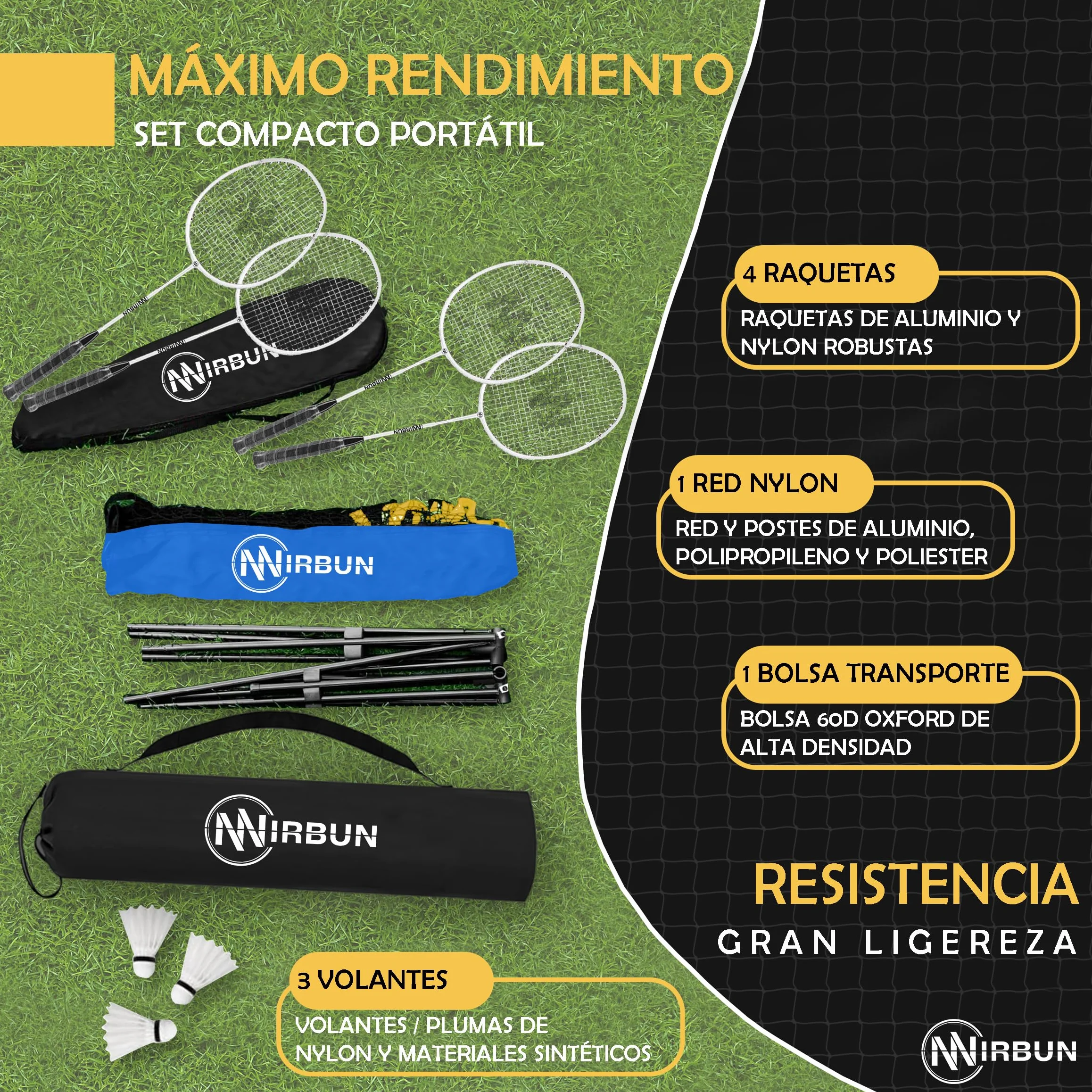 Set de Bádminton 4 Jugadores con Red 5,1 m Raquetas Profesionales Estructura Metálica Juego Familiar