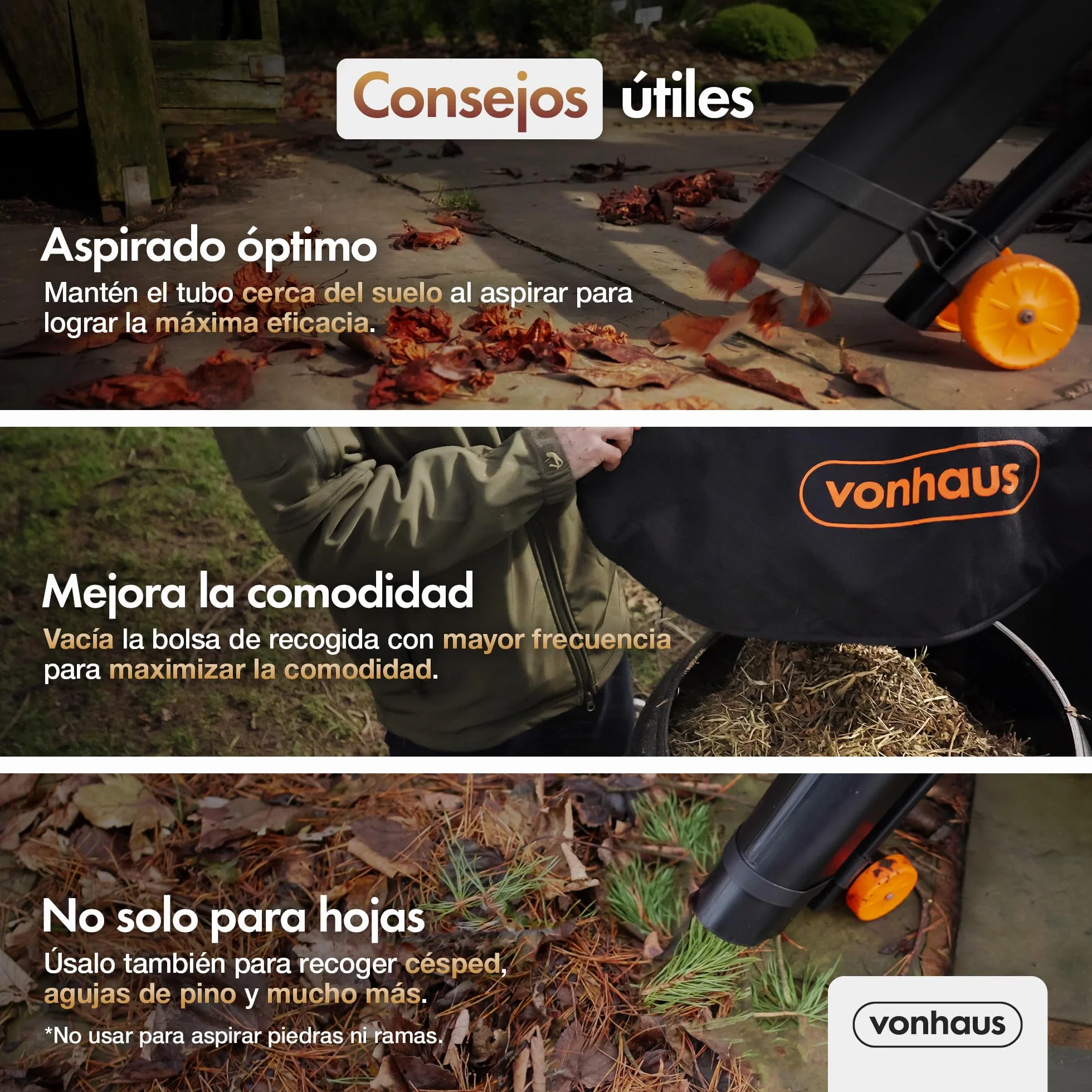 VonHaus Soplador Aspirador de Hojas Ligero de 3000W – Sopladora Aspiradora de Hojas de Jardín, Patio, Canalones, Caminos y Más, Correa de Hombro, Ruedas, Bolsa de Recogida de 35L 10:1 (Negro)