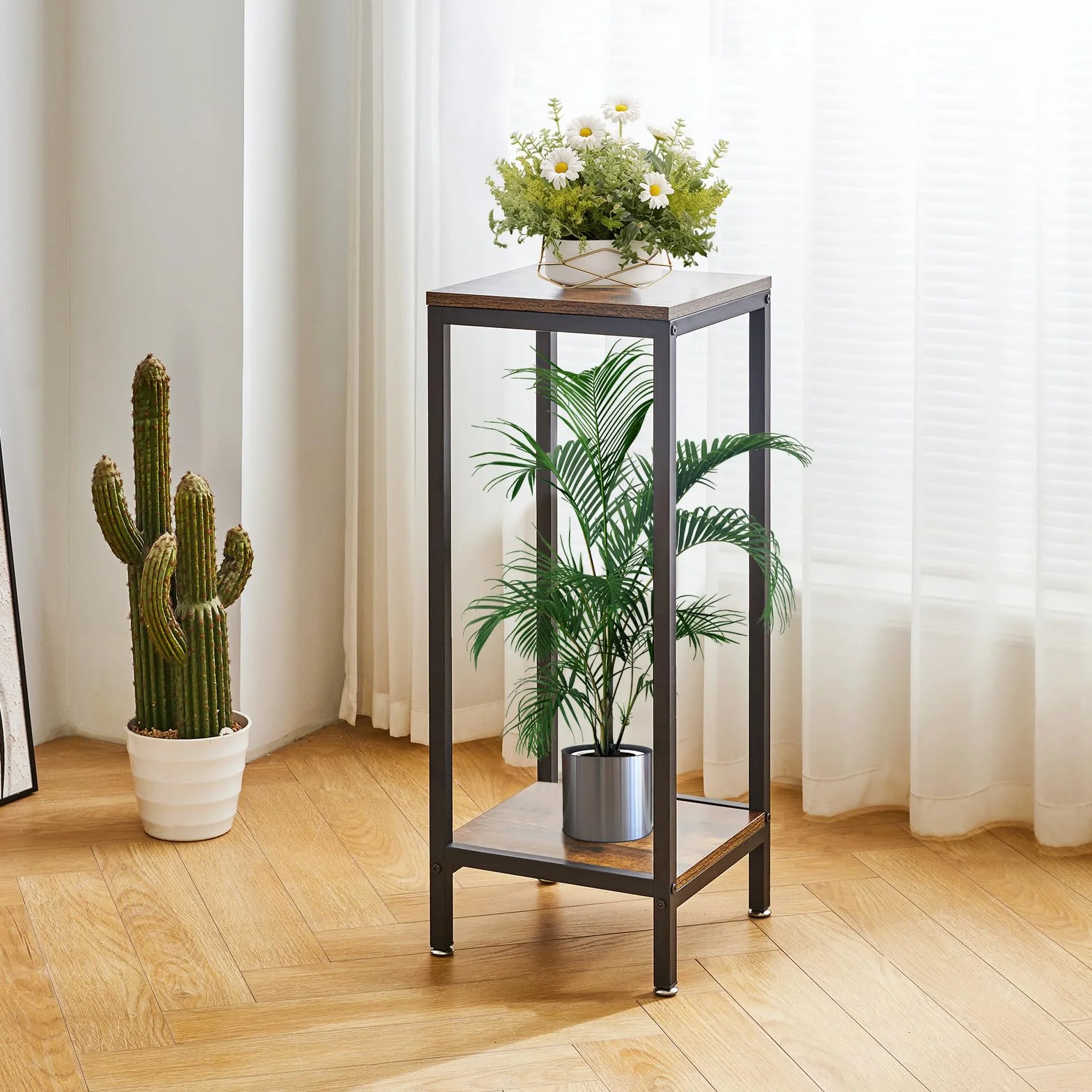 IBUYKE 2 Niveles de Soporte para Plantas para Interior, 76cm de Altura Soporte para Macetas de Madera, Cuadrado Soporte para Plantas para Interior Jardín Balcón, Marrón Rústico TMJ071H