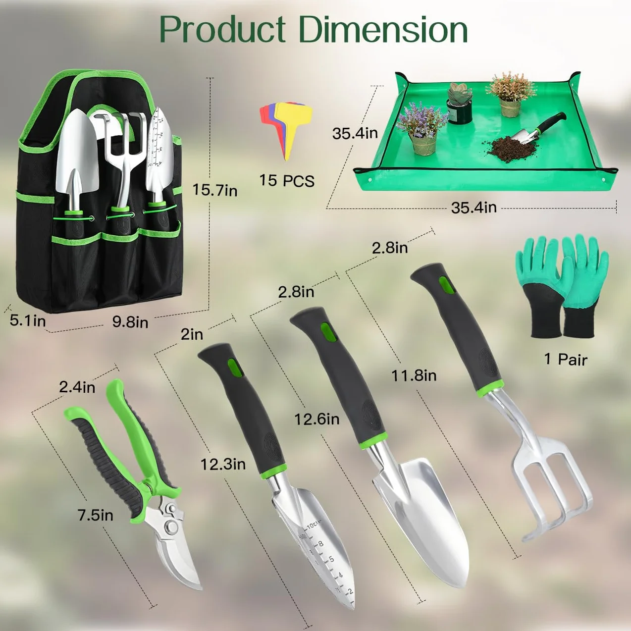 Housolution Juego de Herramientas de Jardín, 8 PCS, Kit de Herramientas de Mano de Jardinería, Suministros de Jardinería de Aleación de Aluminio Resistente con Mango, Bolsa de Almacenamiento, Verde