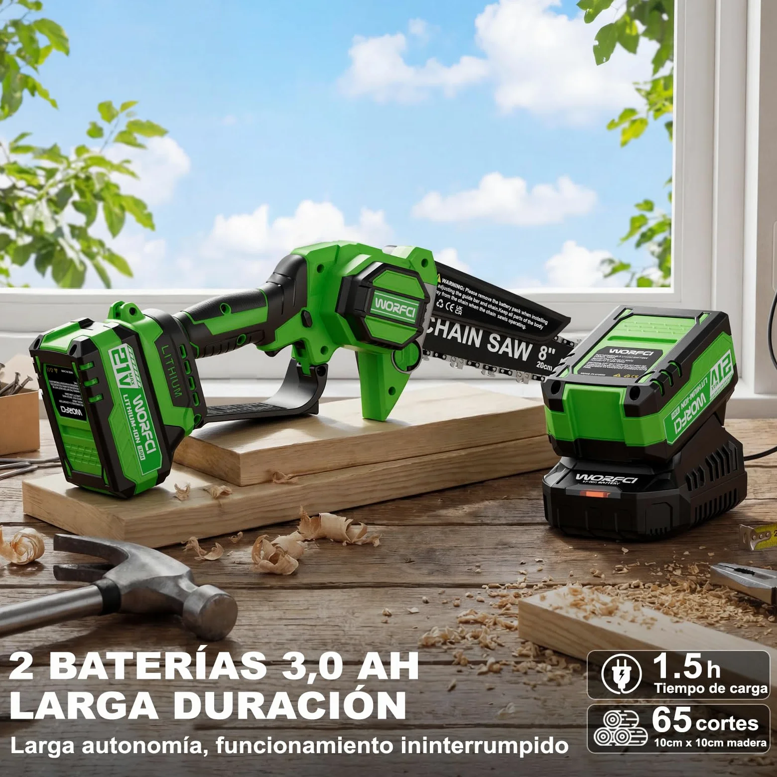 8 Pulgadas Mini Motosierra, 2 Baterías y Cargador Incluidos, Motosierra Bateria Inalámbrica sin Escobillas, Sierra Eléctrica para Podar con Lubricación Automática, Podar y Cortar Madera