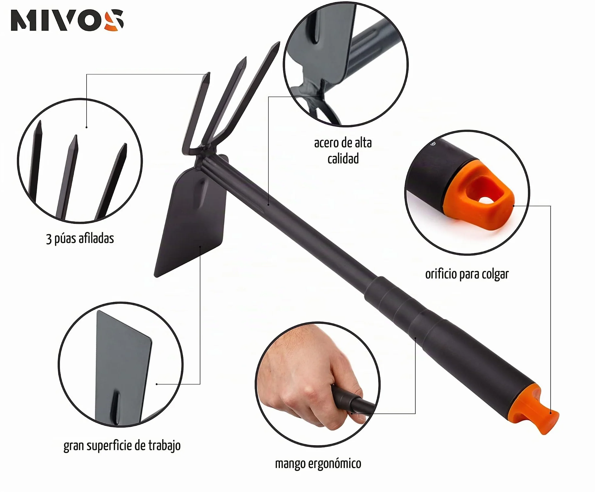 Mivos Azada doble de jardín Tridente para deshuesar y desherbar el suelo - Doble azada con 3 dientes - Azada de dos cabezas de metal para trasplante - Ancho 7 cm