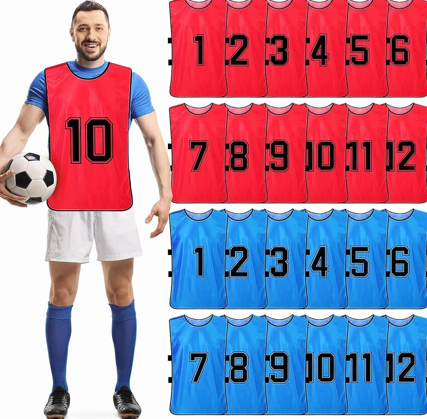 Petos de fútbol entrenamiento reversibles numerados rojo azul 47x70 cm