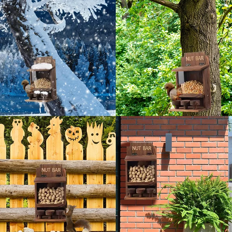 NAVESO Comedero de madera para ardillas, caja de anidación para maíz, cacahuetes, comedero de ardillas solo para ardillas, caja de casa de ardillas para jardín exterior, patio, decoración de porche