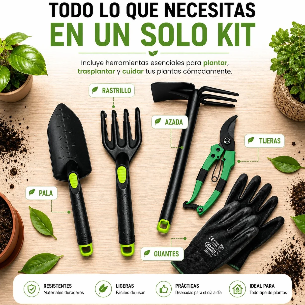 Kit 5 Herramientas de jardinería Resistente de Fibra de Vidrio Ideal para jardín, huerto Urbano o terraza | Kit jardineria Completo Que Incluye: Pala, Rastrillo, Azada, Tijeras de Podar y Guantes.