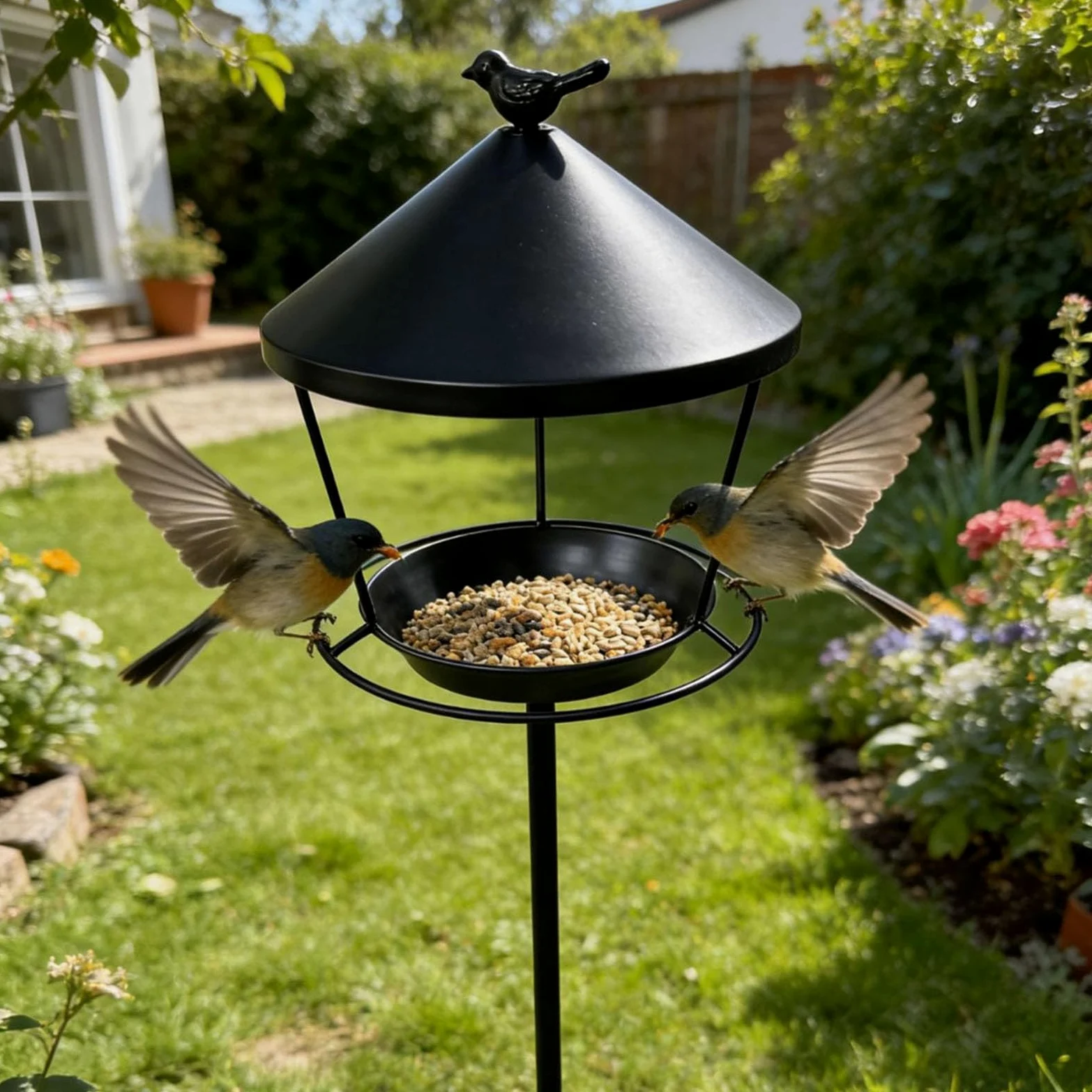 Comedero para pájaros con Soporte y Anillo de Hierro para Clavar en el Suelo, comedero Anti-Desperdicio para Aves Silvestres, comedero Colgante de Hierro Forjado,Negro,100 x 25 x 20 cm