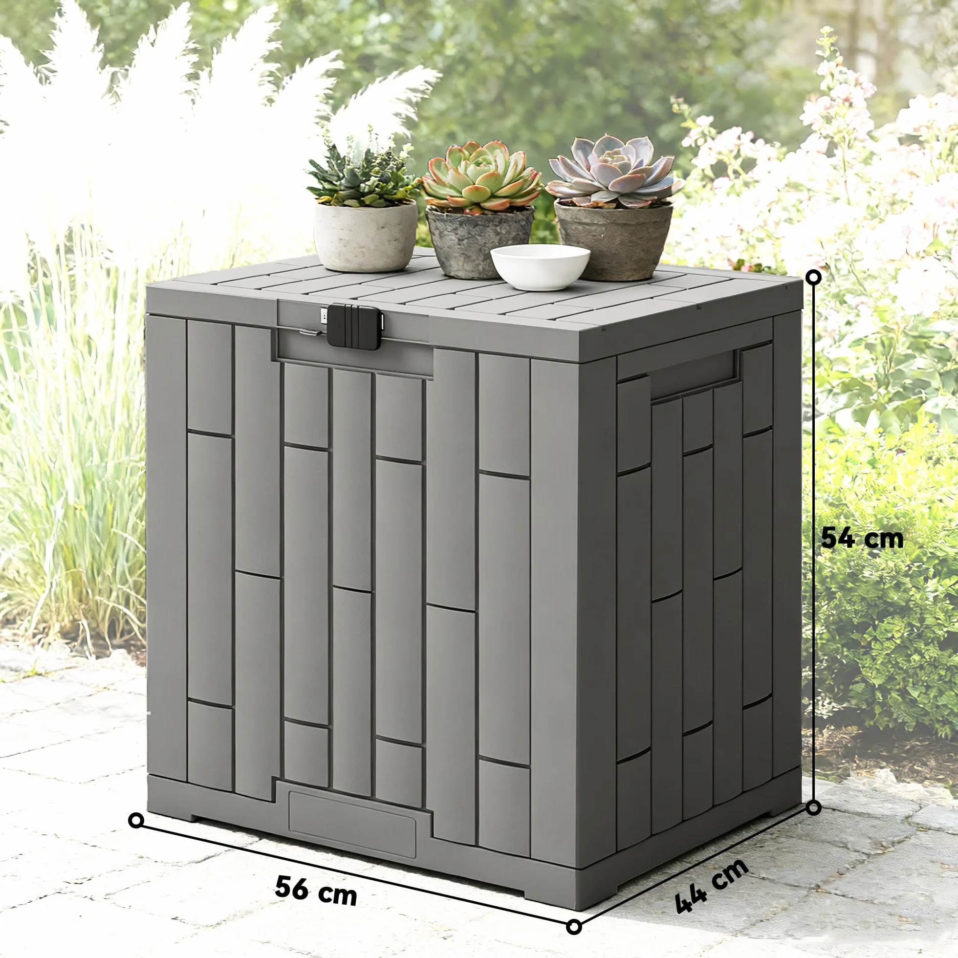 Outsunny Arcón Exterior Capacidad 114L, Baúl de Almacenaje Exterior de Resina Resistente al Agua y a los Rayos UV, con Cerradura para Jardín, Terraza, Patio, 56x44x54 cm, Gris