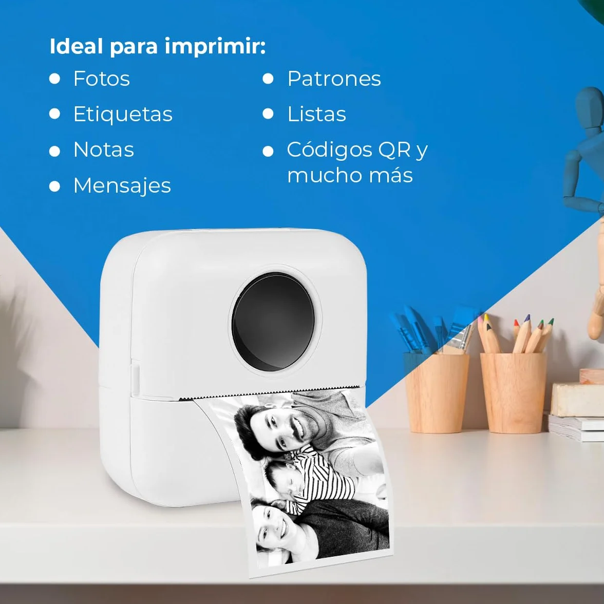NK Impresora Fotográfica Portátil Mini Térmica Inalámbrica con 5 Rollos de Papel, USB, iOS y Android, Blanco