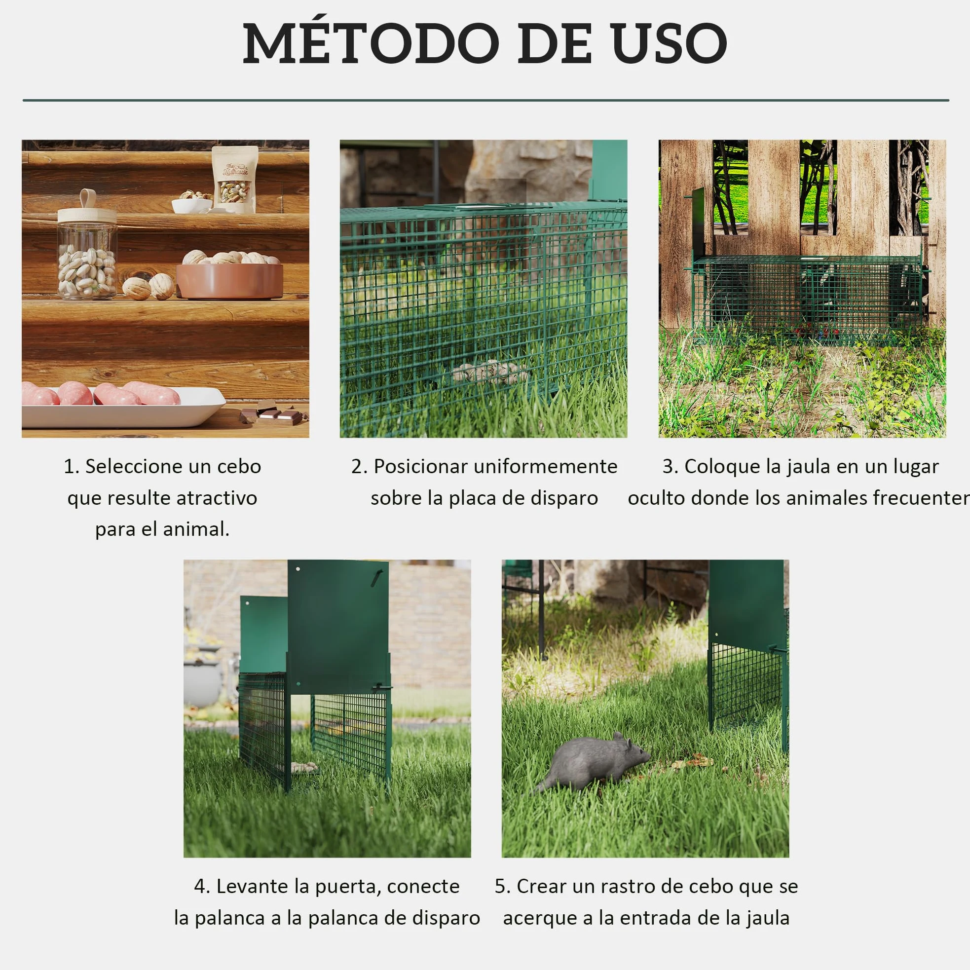 Outsunny Trampa para Animales Vivos 60x18x20 cm Jaula Trampa para Gatos con 2 Puertas Asa y Marco de Acero para Ratones Roedores Verde