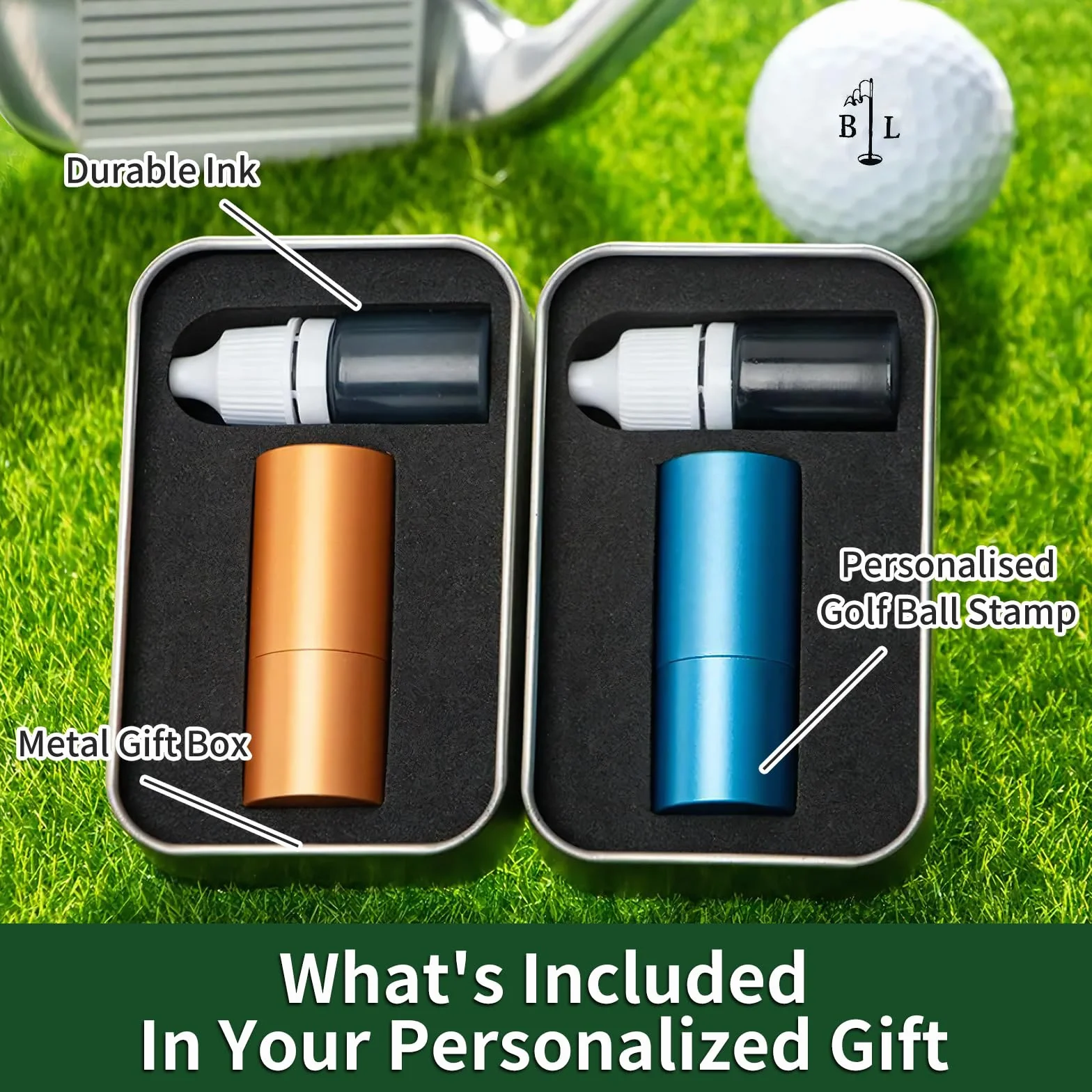 Sello de pelota de golf personalizado con estuche de almacenamiento de metal, marca reutilizable