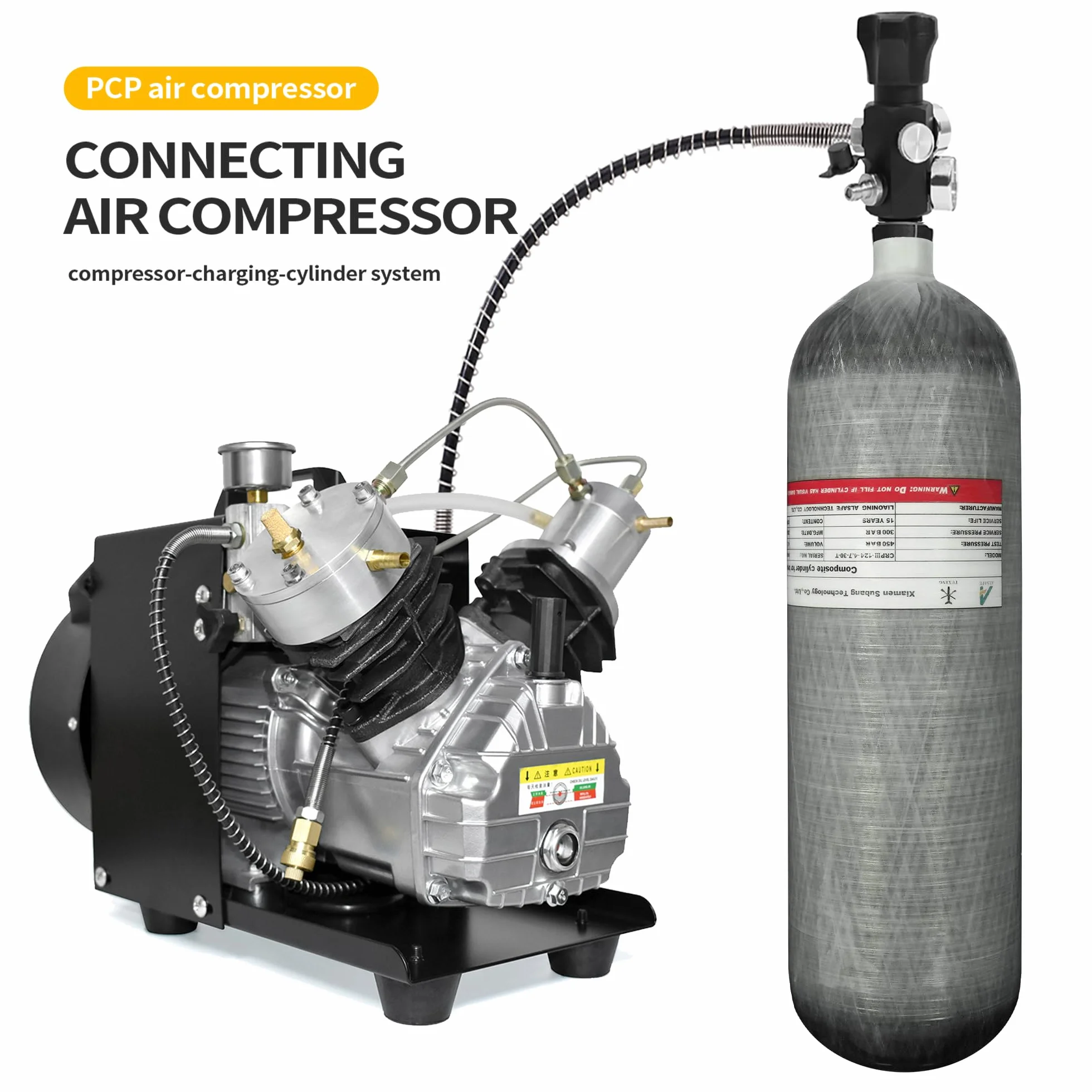 TUXING Depósito de aire fibra de carbono 4,7L 4500 psi 300 bar botella vacía estación llenado paintball dos manómetros manguera alta presión 24 pulgadas M18x1.5
