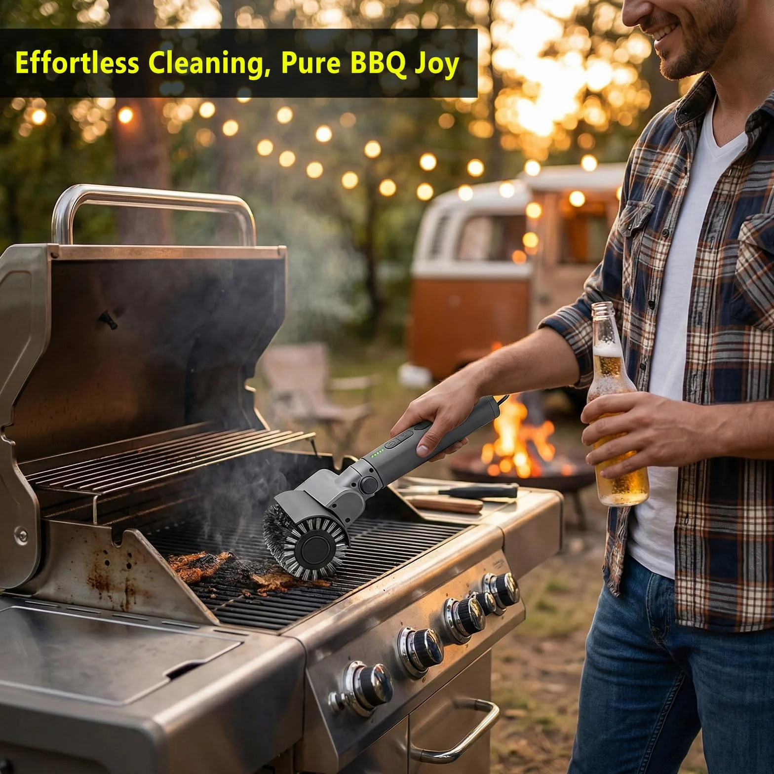Kit de Cepillo Eléctrico para Barbacoa 3 en 1 – Limpiador de Parrilla Inalámbrico con Cabezales de Metal Reforzados – 2 Horas de Batería, Impermeable y Apto para Lavavajillas – Color Gris Claro