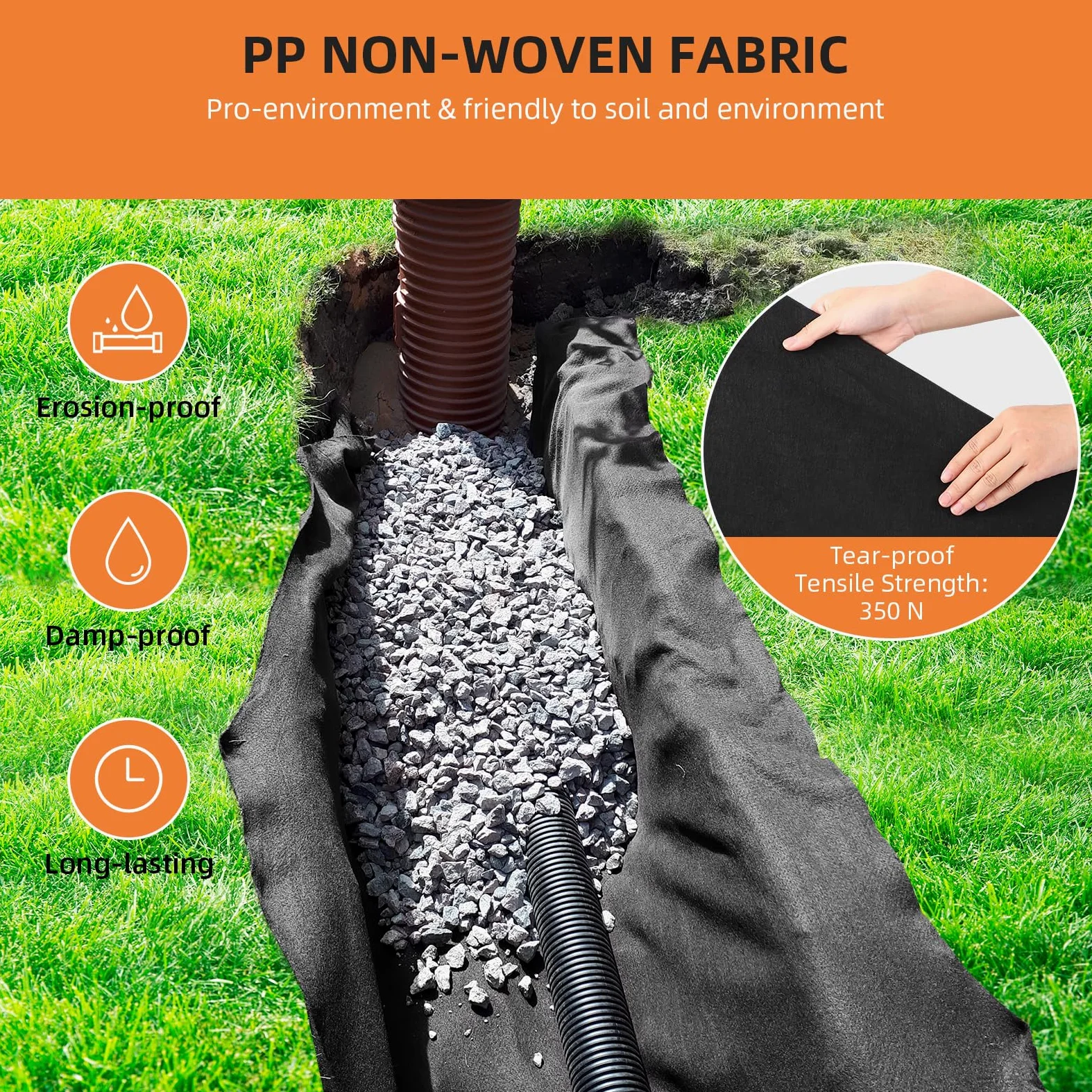 Towallmark Geotextile Landscape, Tela geotextil de 6 pies x 100 pies y 6 onzas, Drenaje de Polipropileno, Resistencia a la tracción 350N y Capacidad de Carga 440N, para estabilización de calzadas y