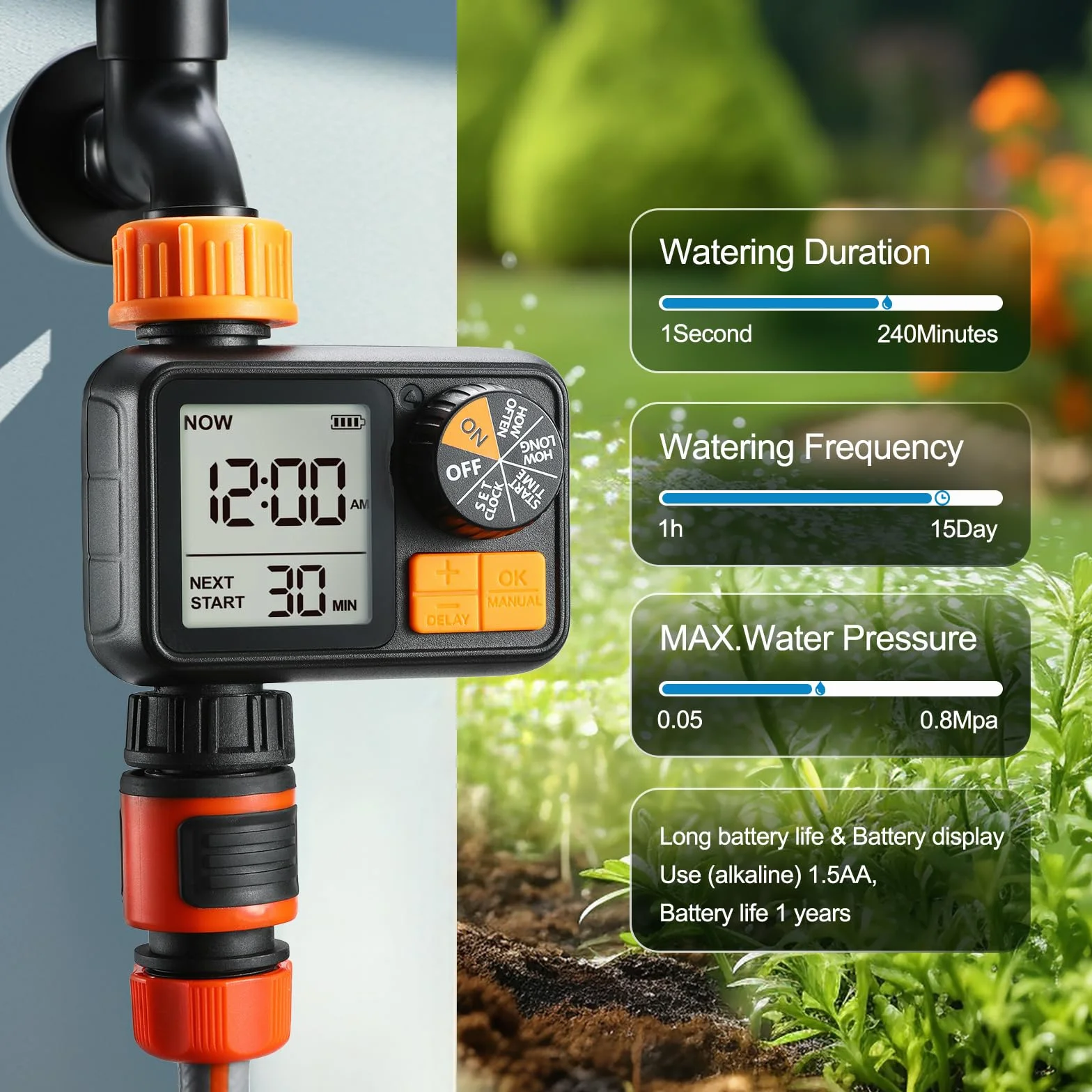 CROSOFMI Programador Riego Automatico Jardin Temporizador Riego IPX5 Resistente al Agua/Retraso por Lluvia/Modo de Riego Manual/Bloqueo para Niños