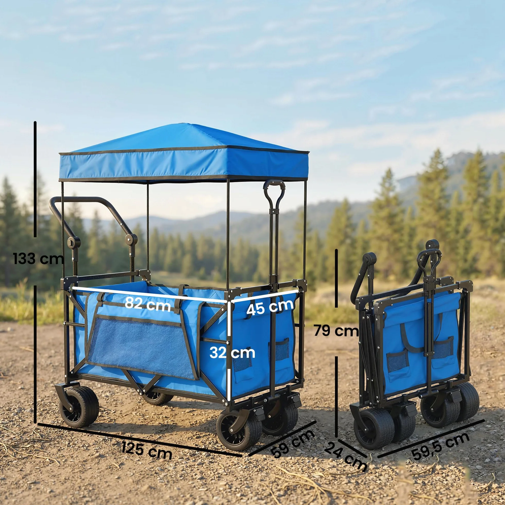 Outsunny Carro Playa con Ruedas Grandes con Freno, Techo Extraíble, Carro Plegable para Jardín con Barra Ajustable, Portavasos y Bolsillos, Carga 100 kg, para Todo Terreno, Campaña, Compras, Azul